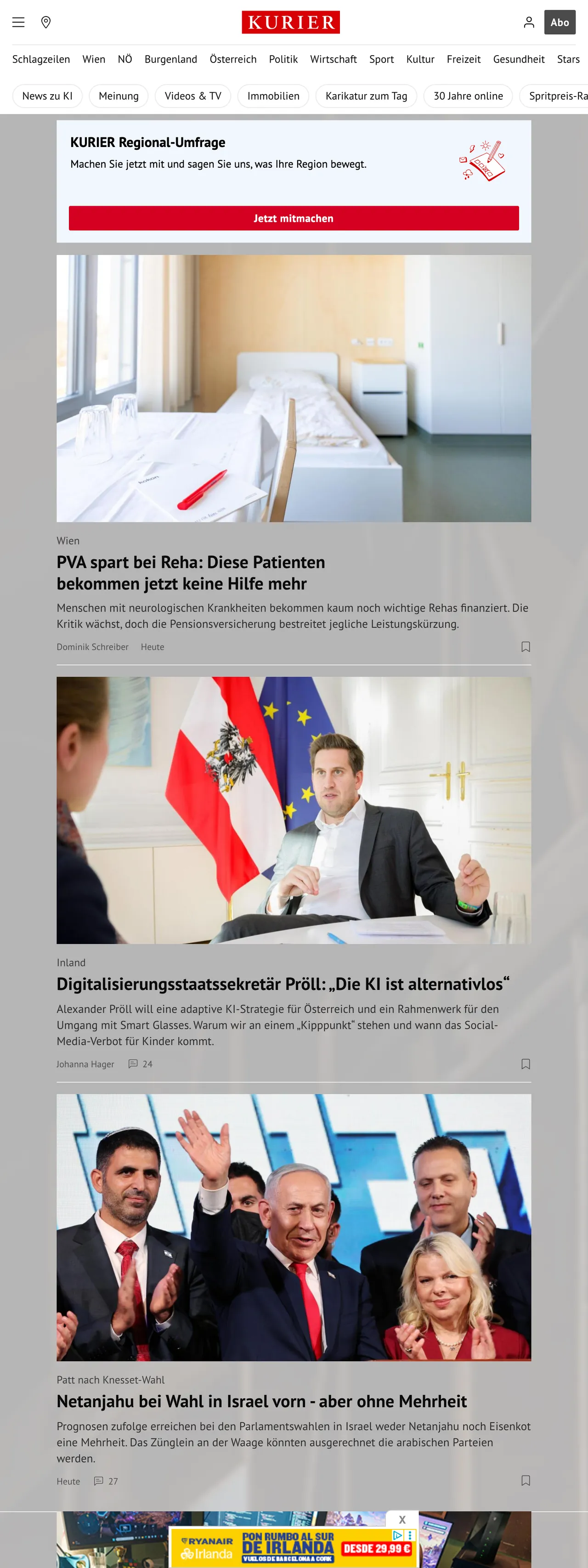 Screenshot of the Kurier front page