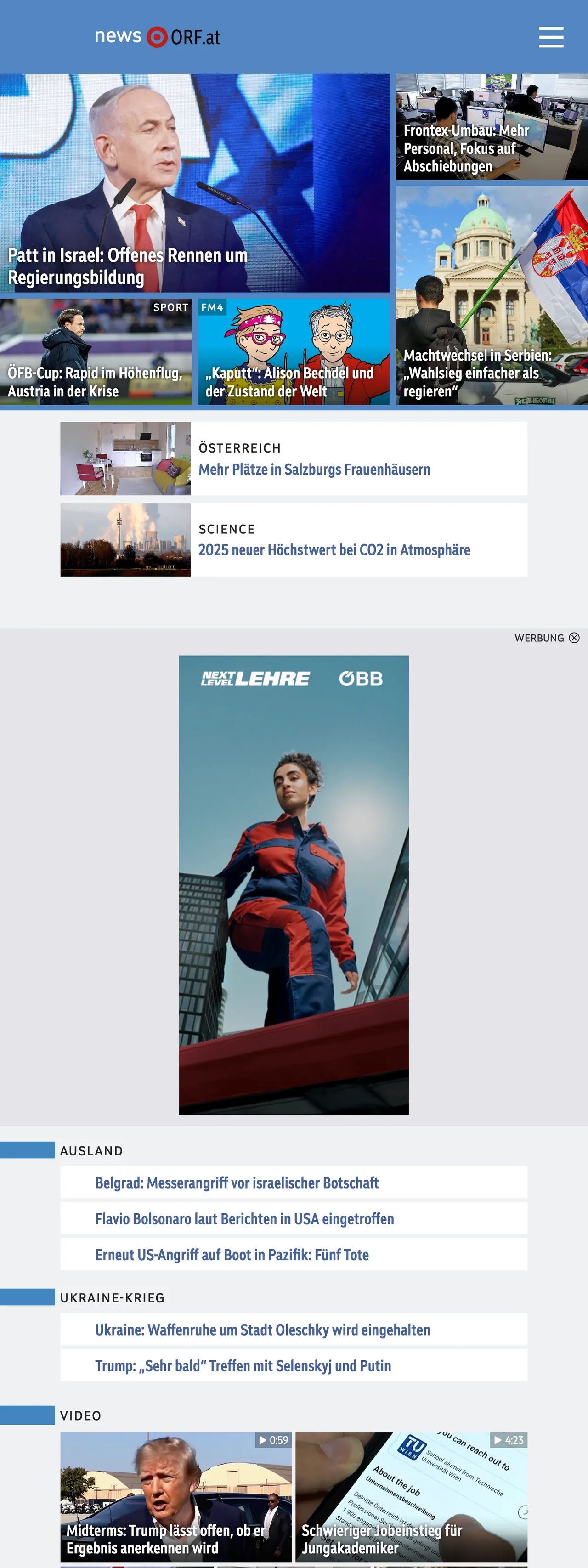 Screenshot of the ORF front page