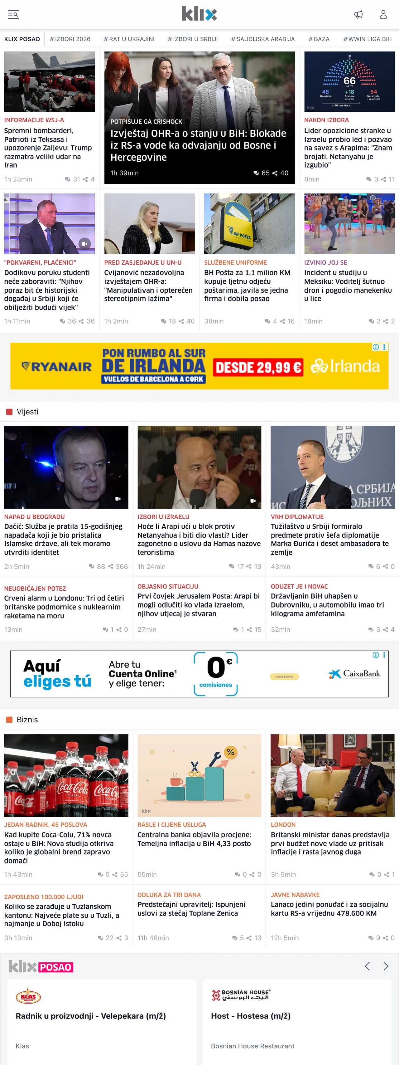 Screenshot of the Klix.ba front page