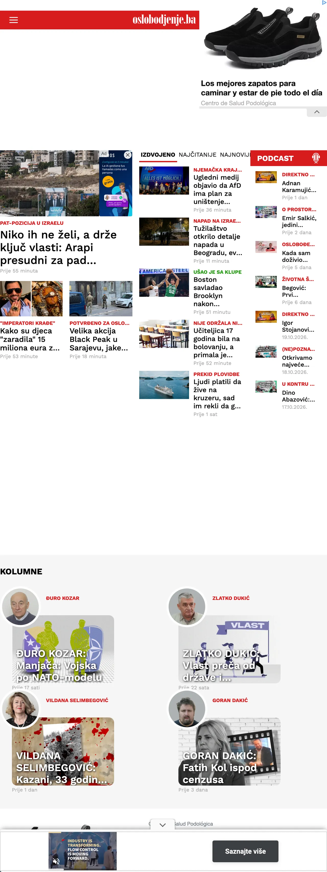 Screenshot of the Oslobođenje front page