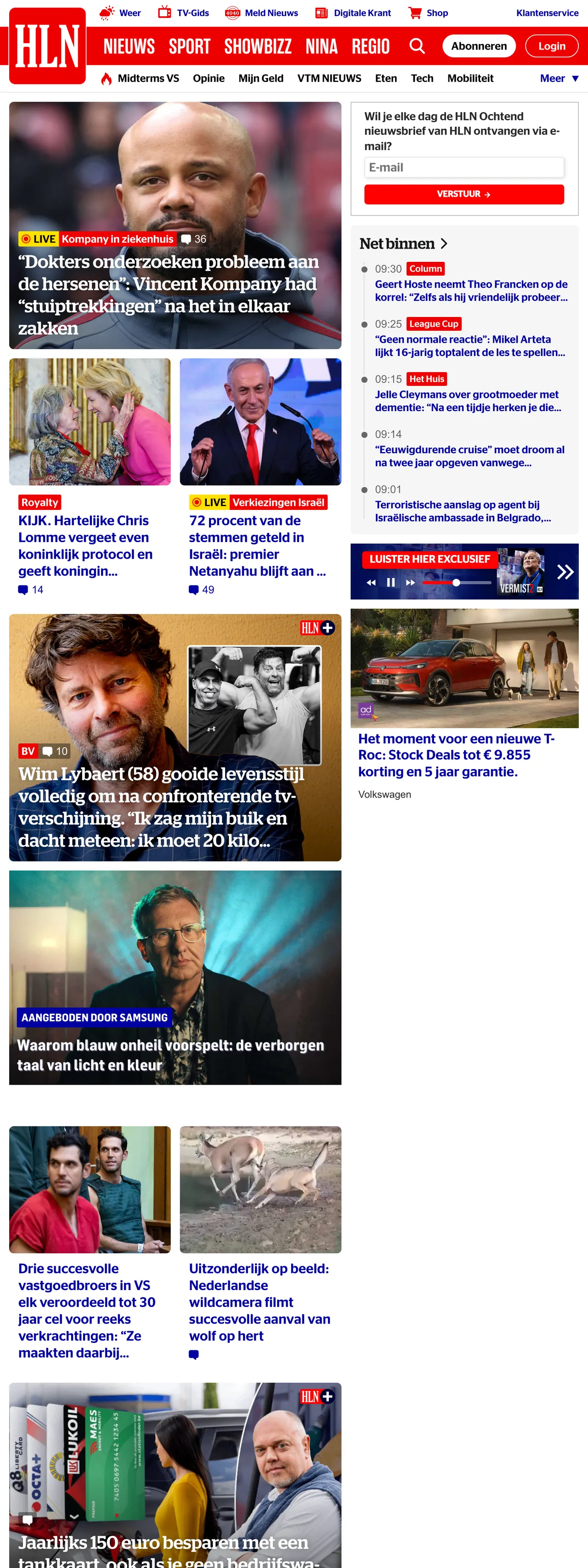 Screenshot of the HLN front page