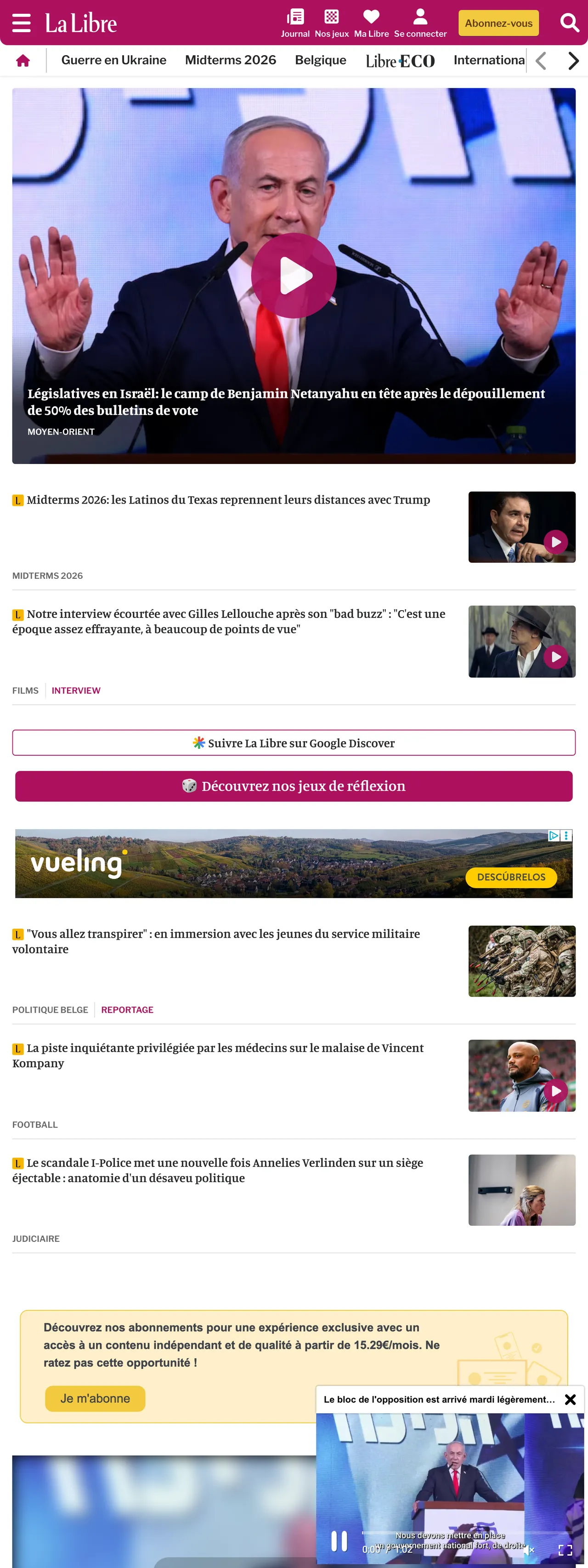 Screenshot of the La Libre front page