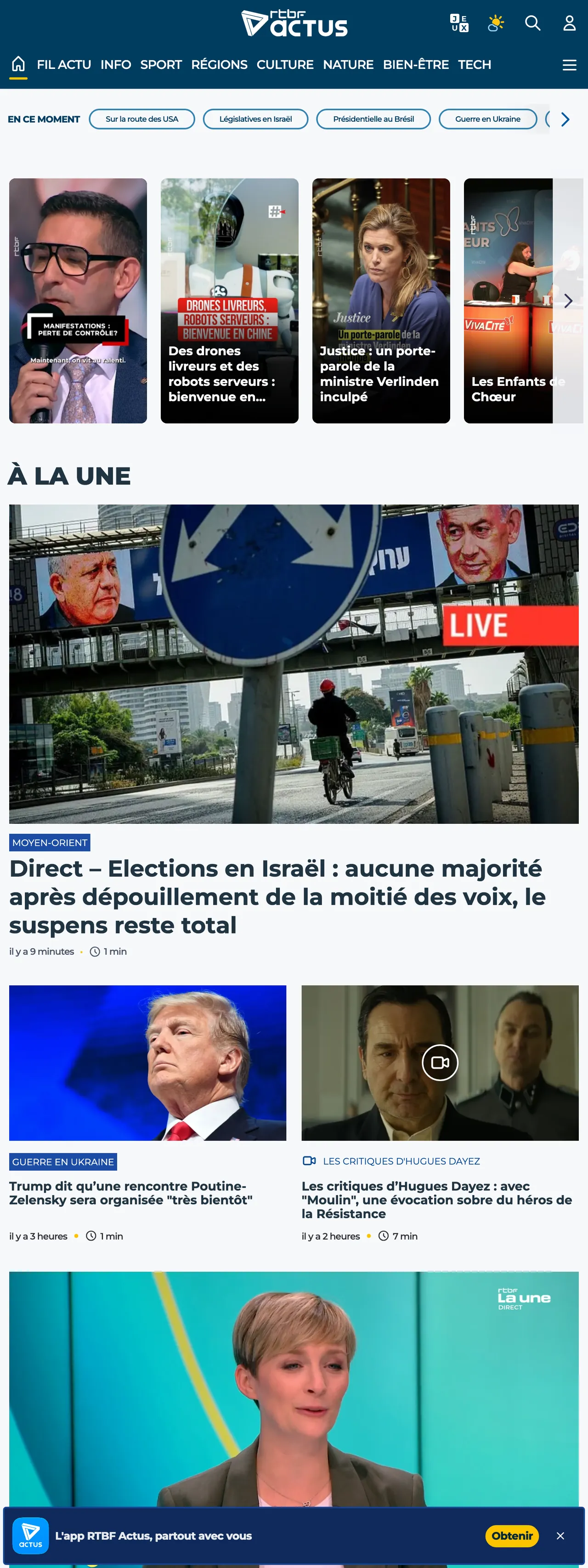 Screenshot of the RTBF front page