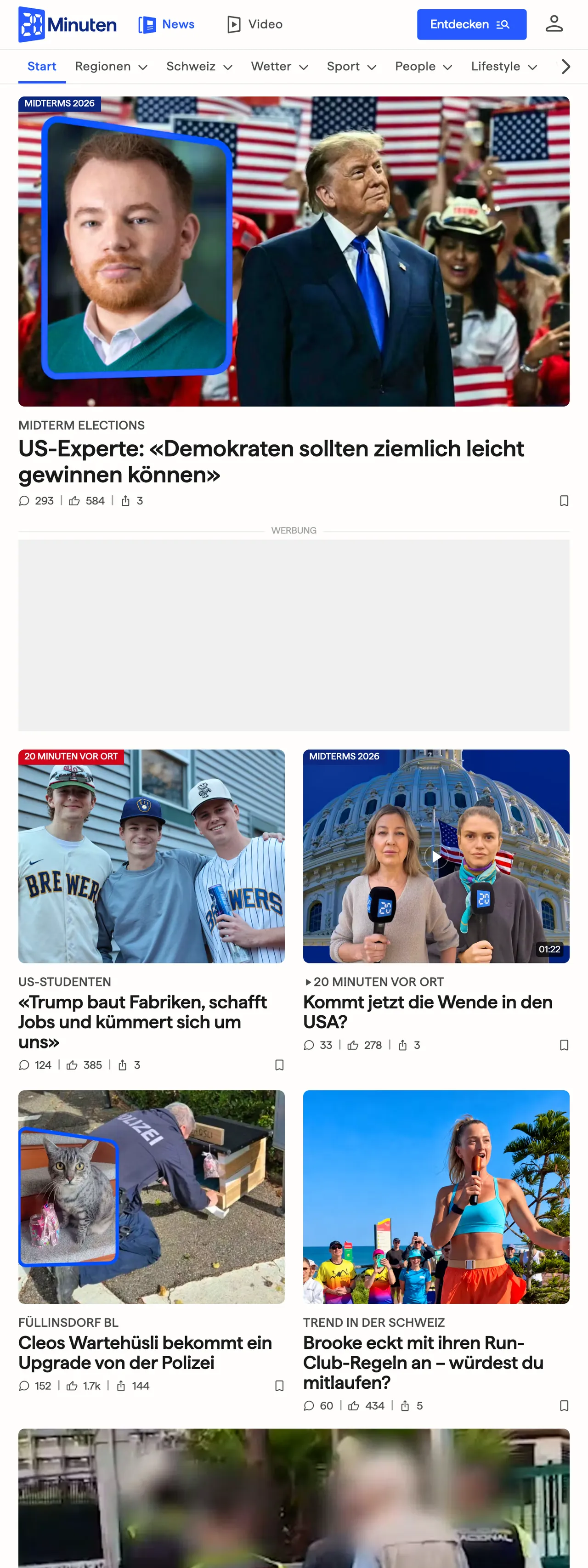 Screenshot of the 20 Minuten front page