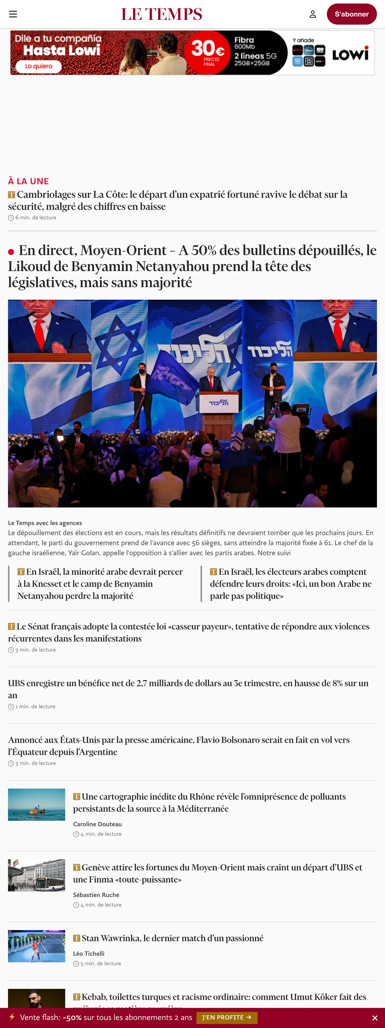 Screenshot of the Le Temps front page