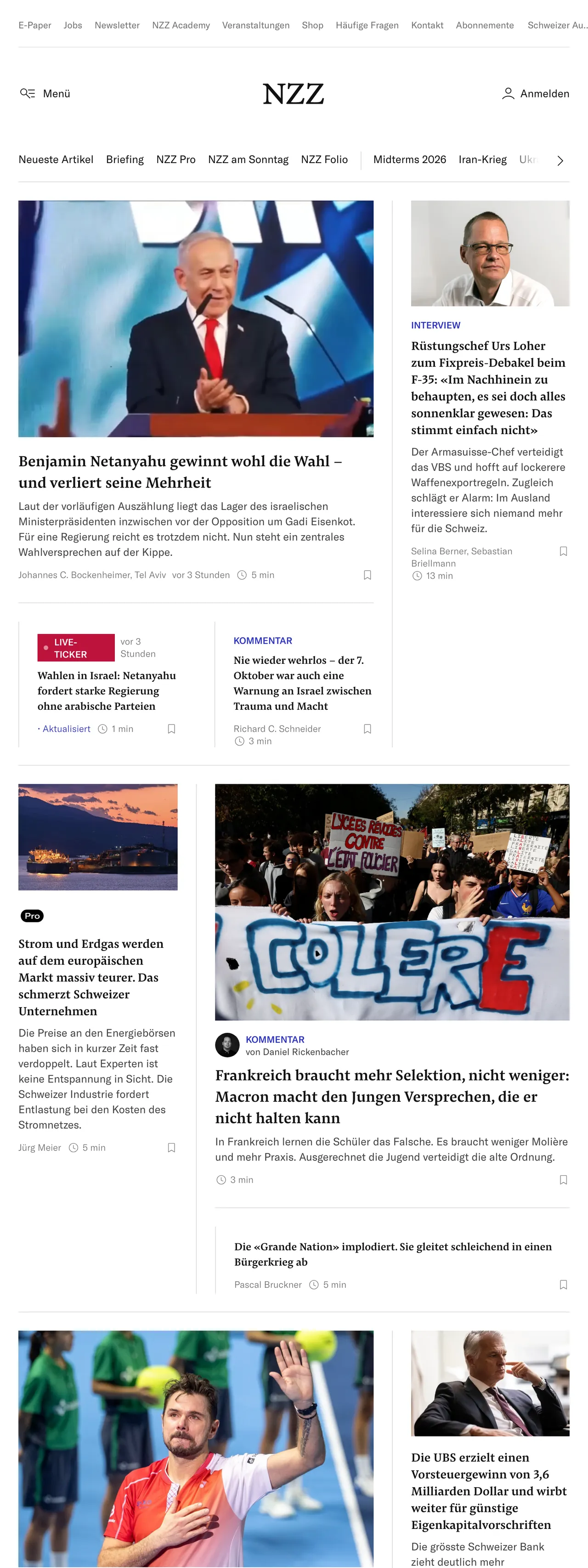 Screenshot of the Neue Zürcher Zeitung front page