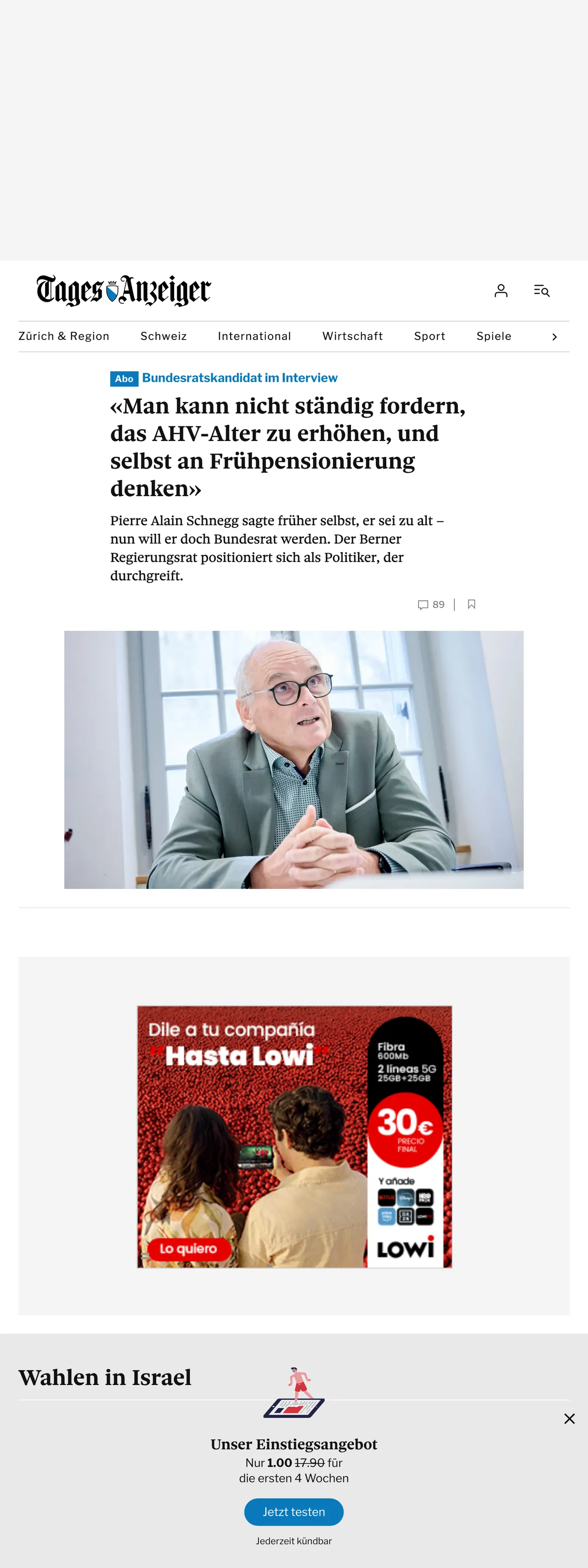 Screenshot of the Tages-Anzeiger front page