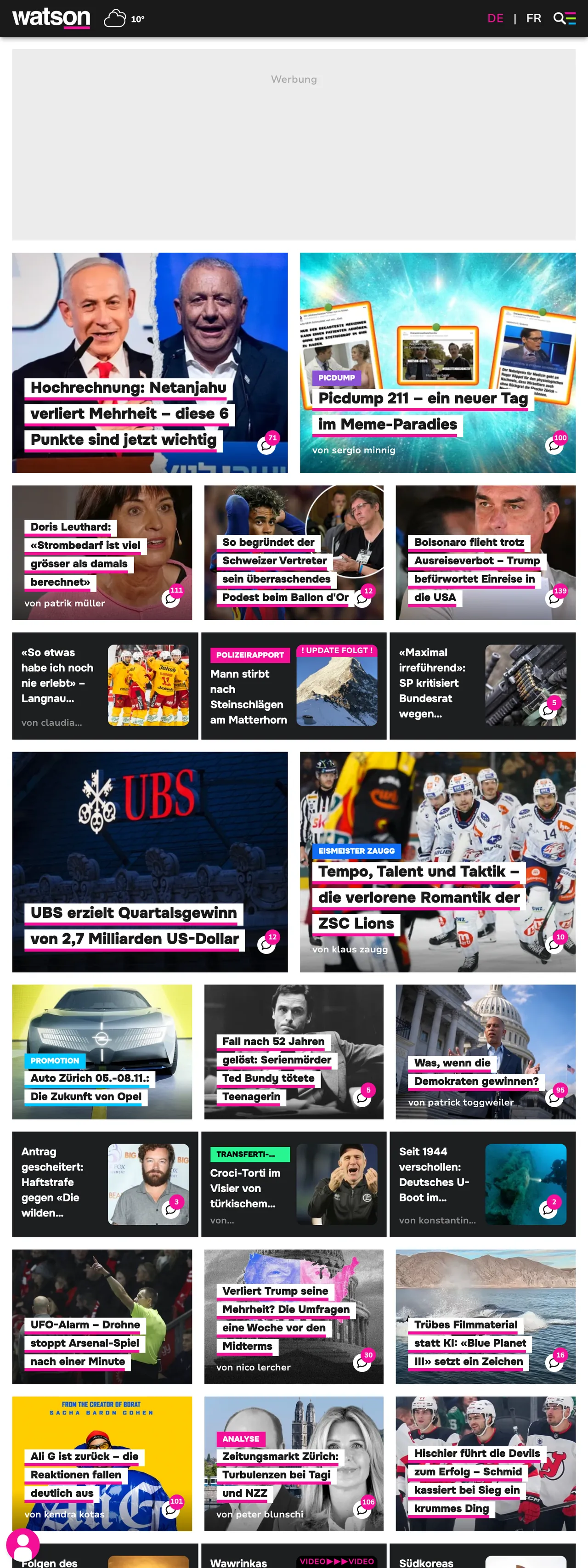 Screenshot of the watson front page