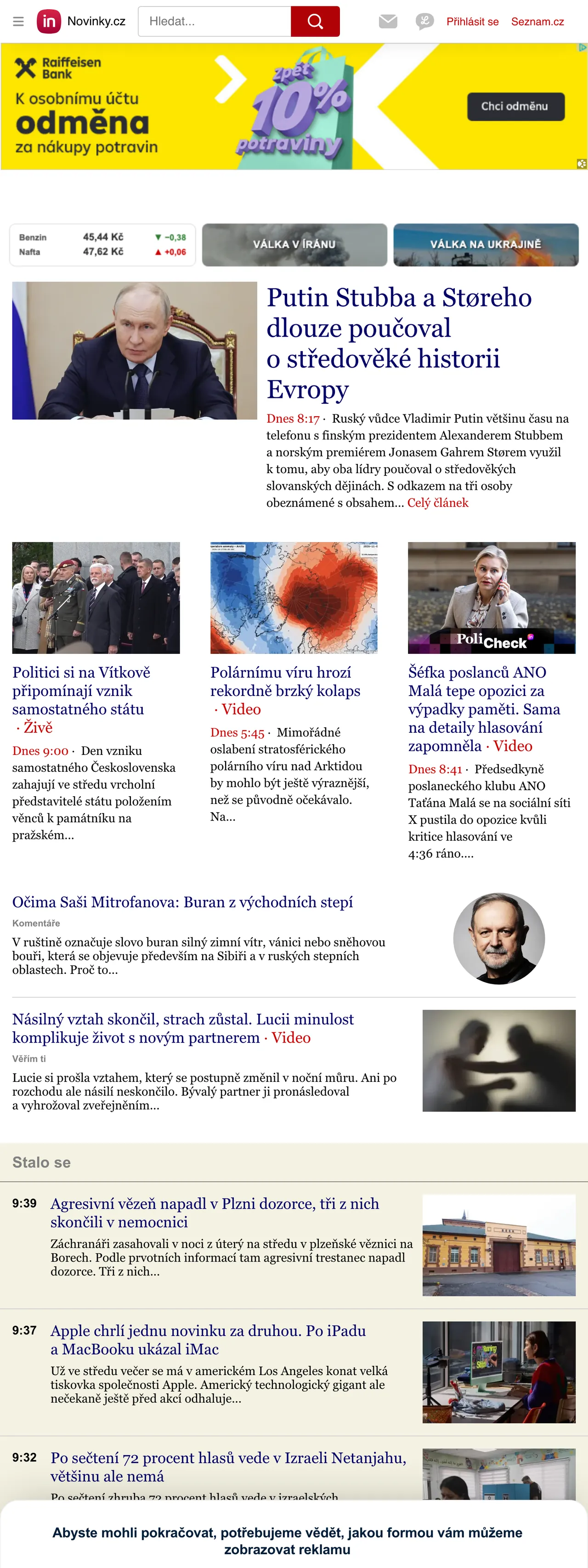 Screenshot of the Novinky.cz front page