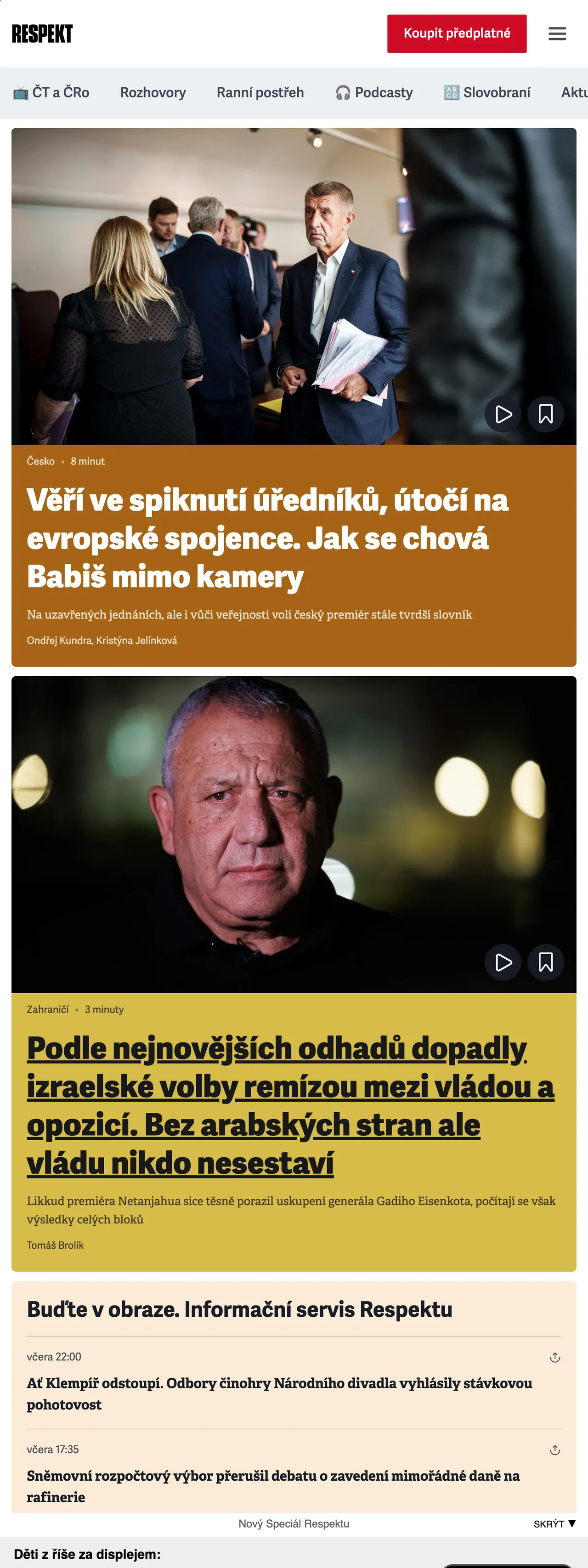 Screenshot of the Respekt front page