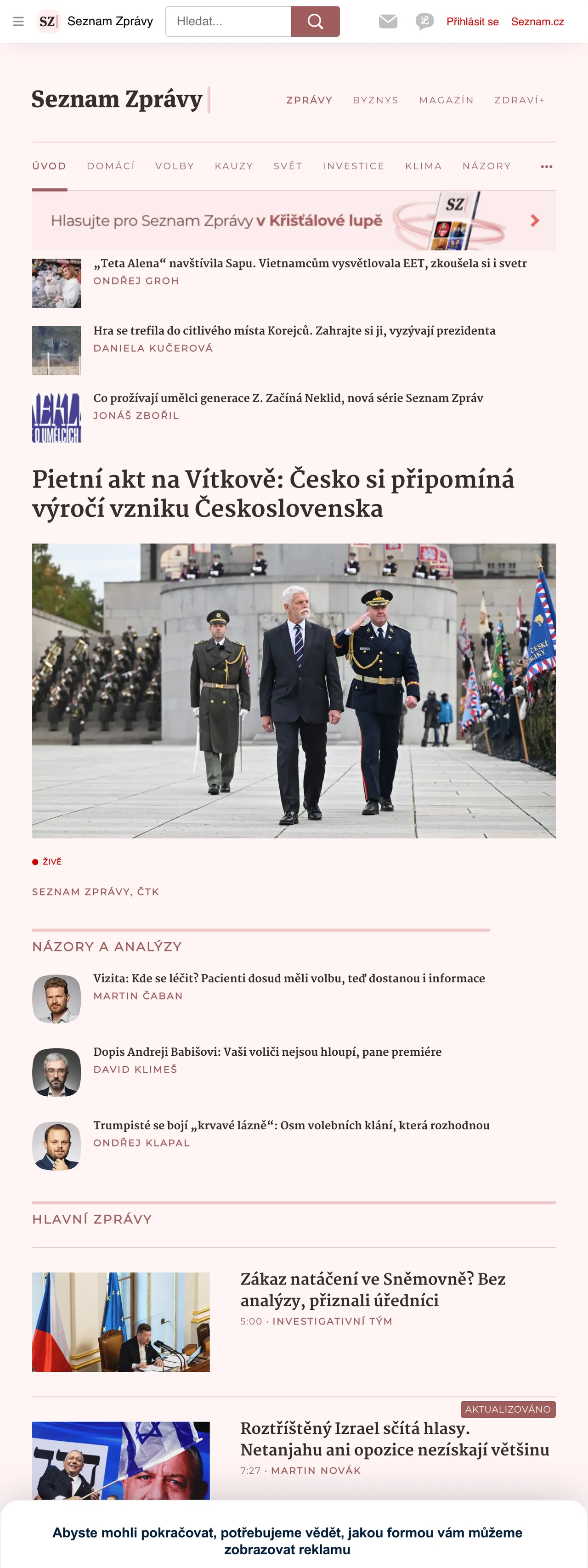 Screenshot of the Seznam Zprávy front page