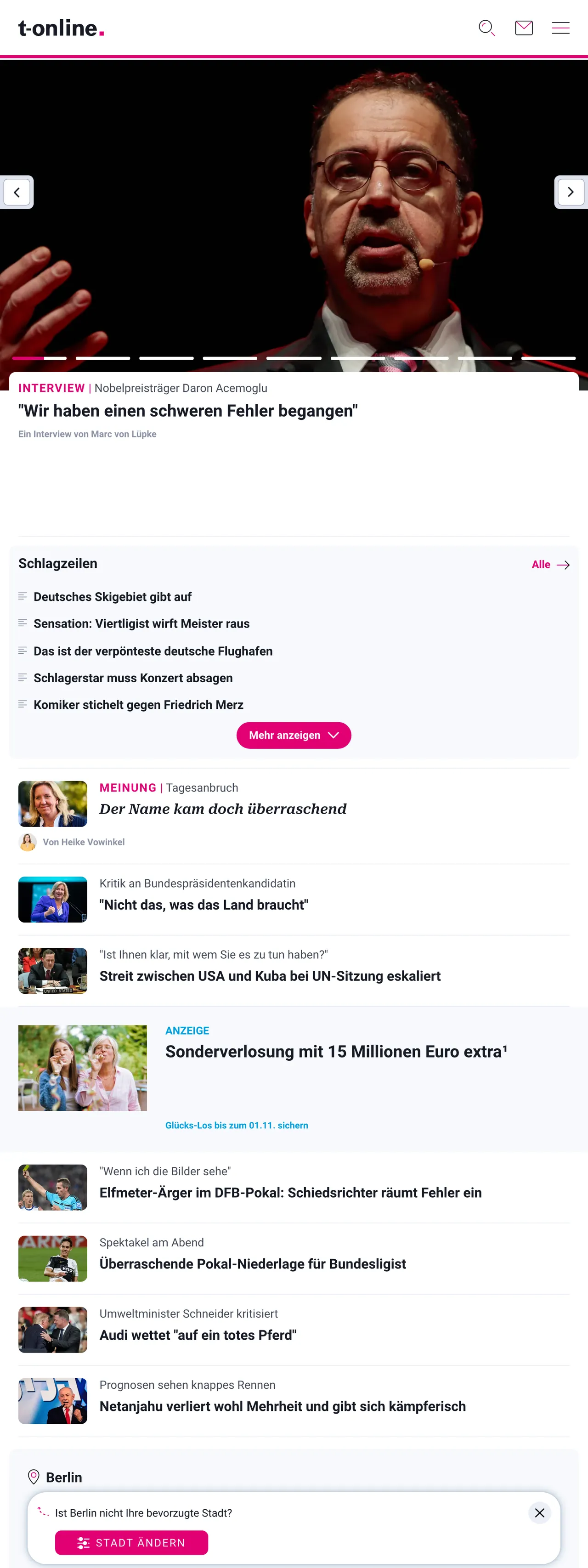 Screenshot of the t-online front page