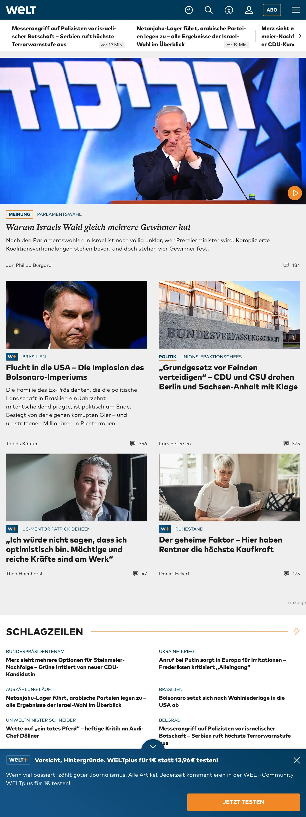 Screenshot of the WELT front page
