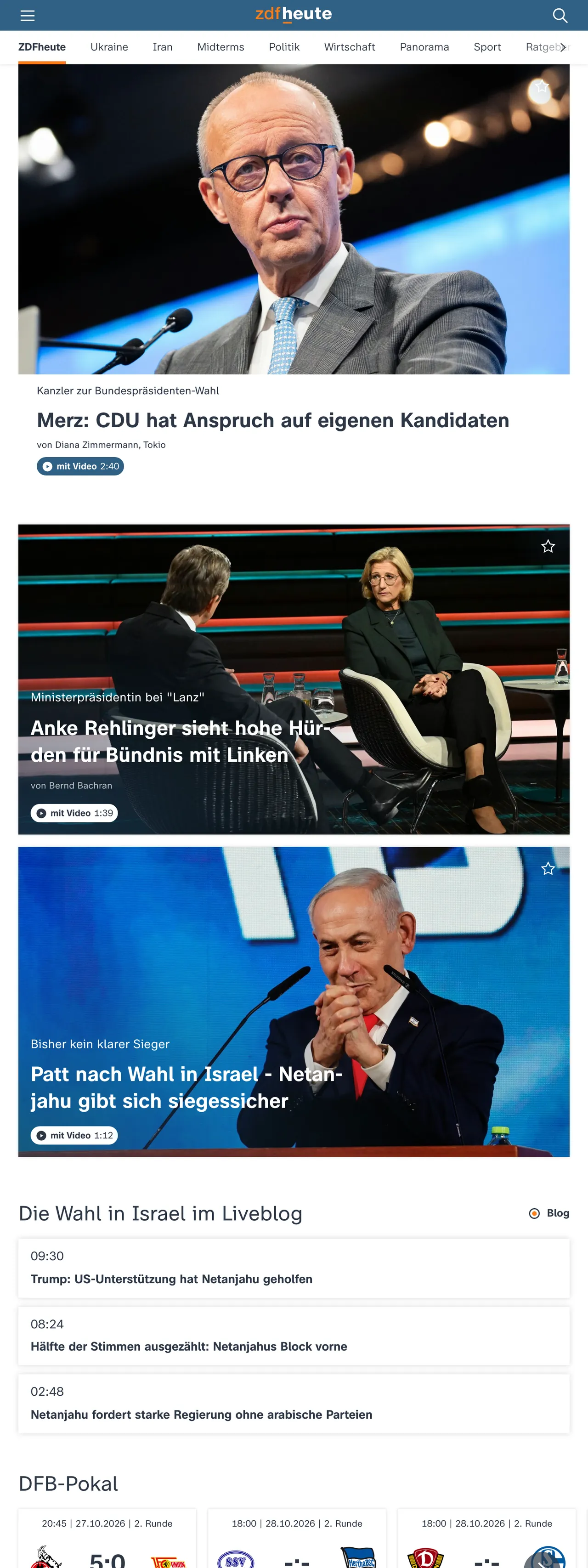 Screenshot of the ZDFheute front page