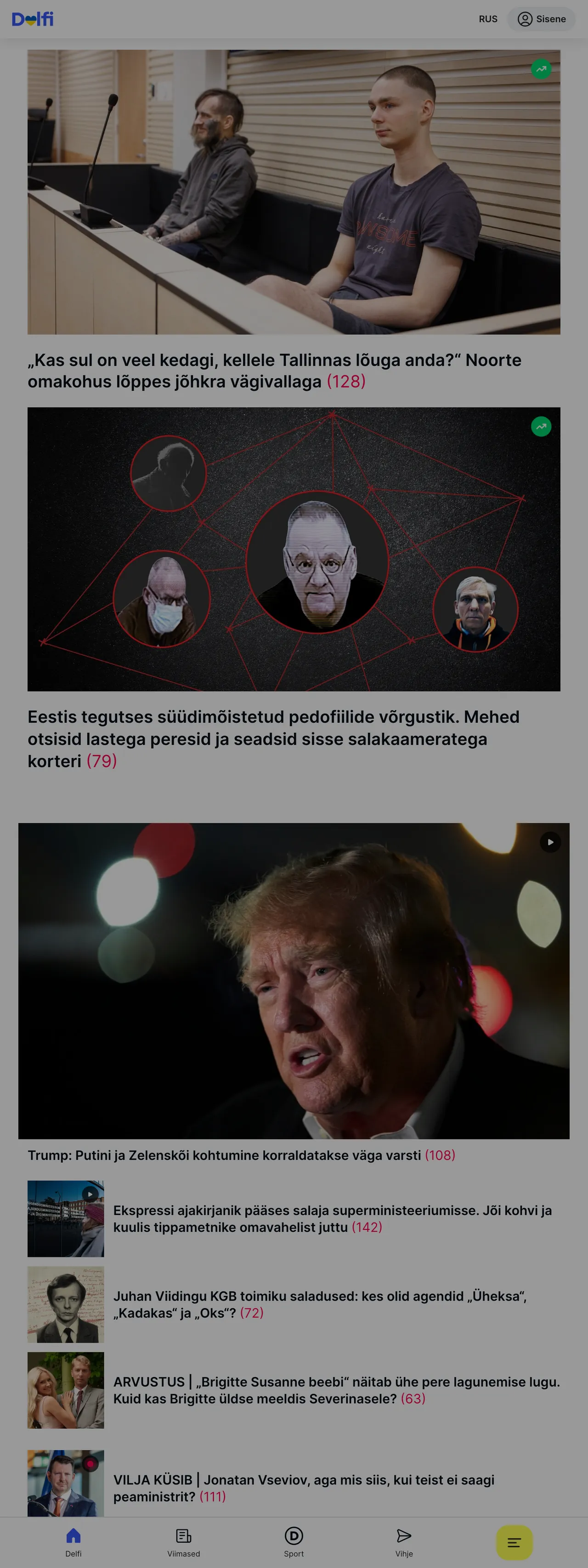 Screenshot of the Delfi front page