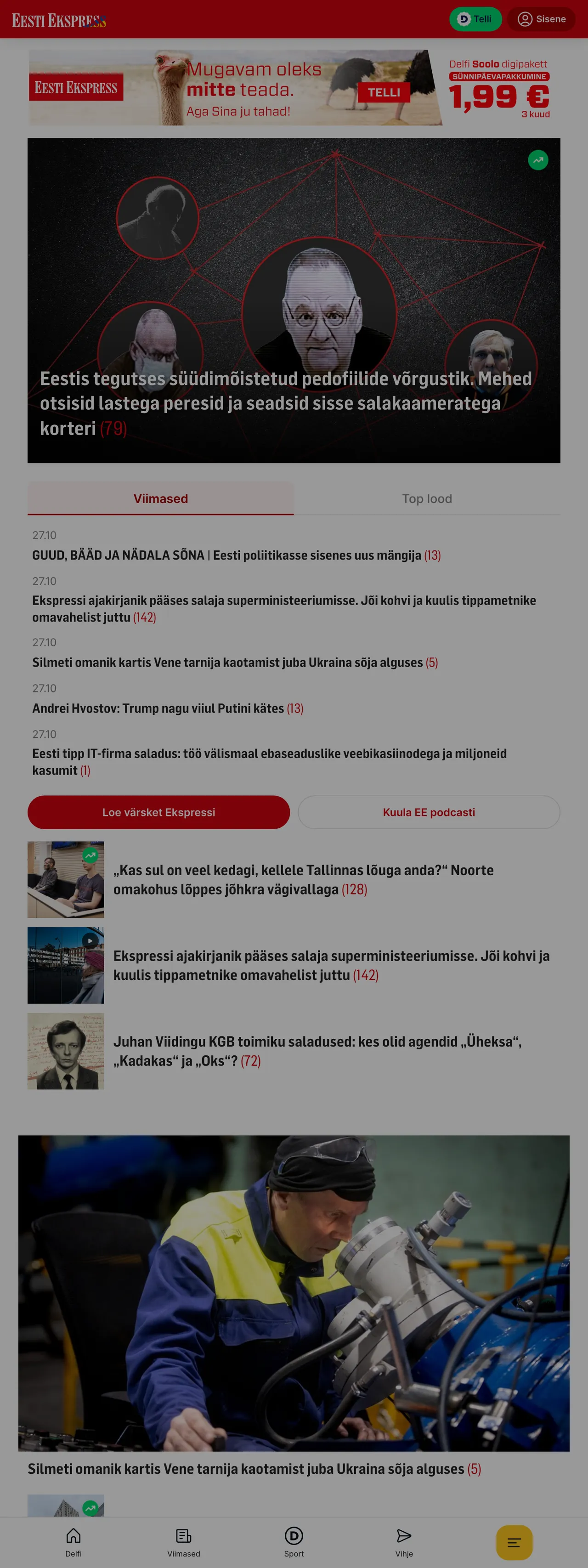 Screenshot of the Eesti Ekspress front page