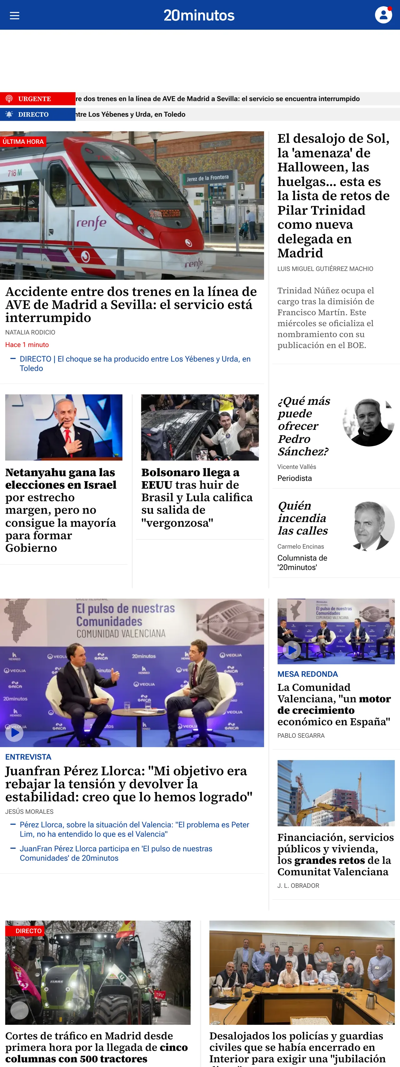 Screenshot of the 20minutos front page