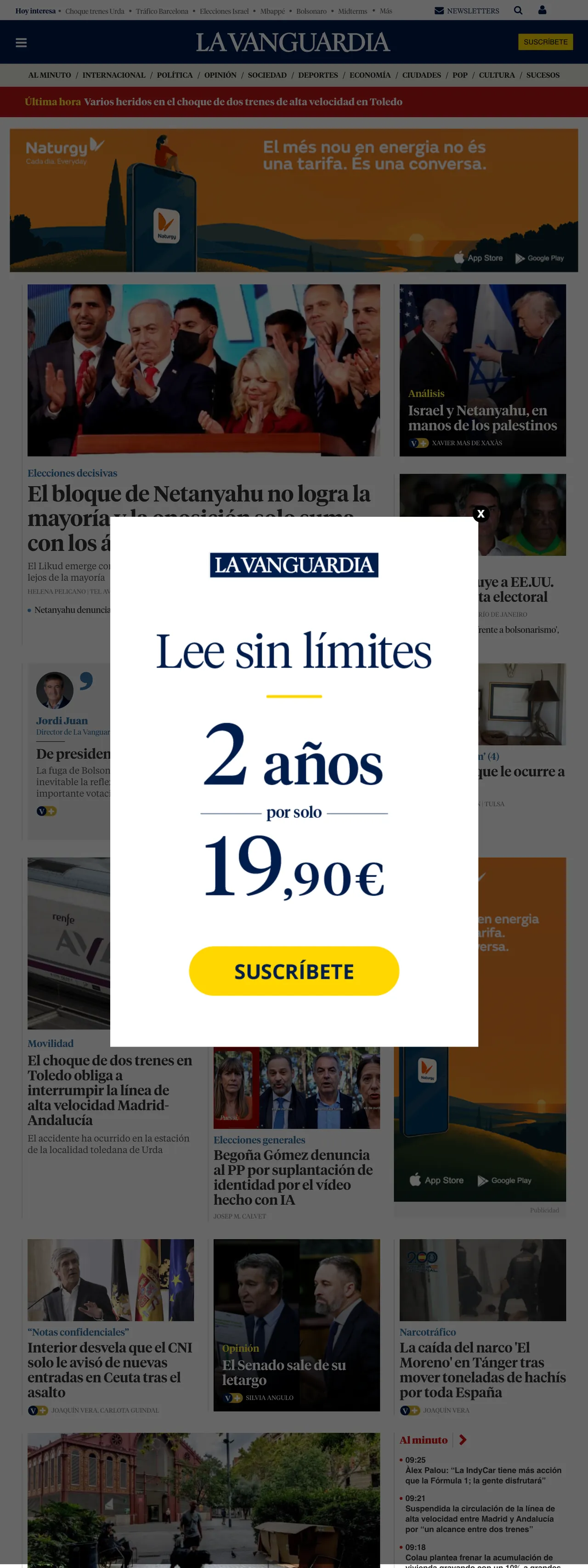 Screenshot of the La Vanguardia front page