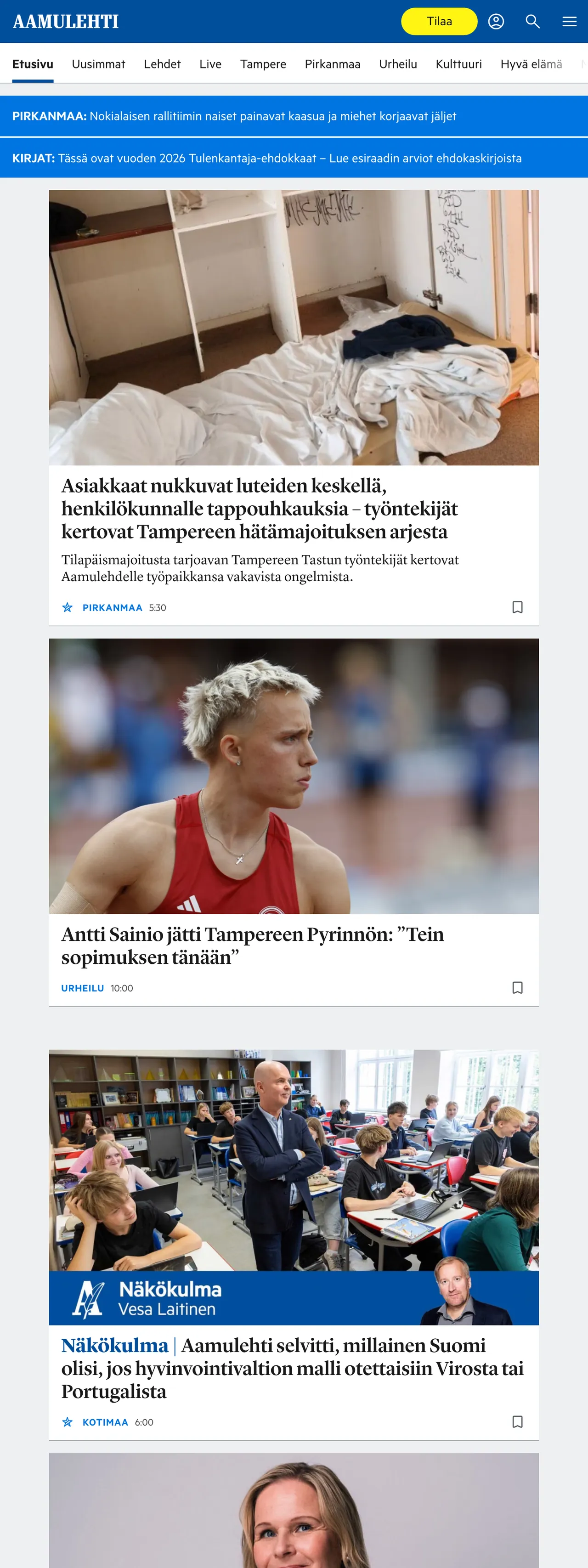 Screenshot of the Aamulehti front page