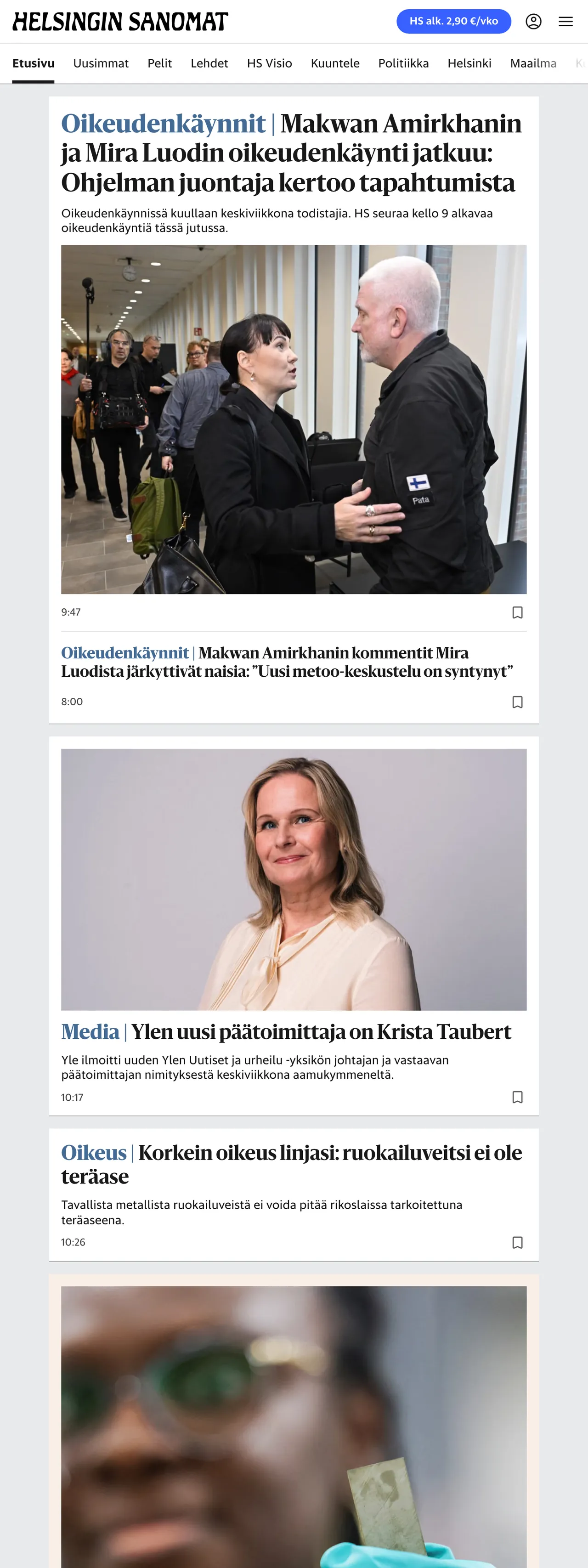 Screenshot of the Helsingin Sanomat front page