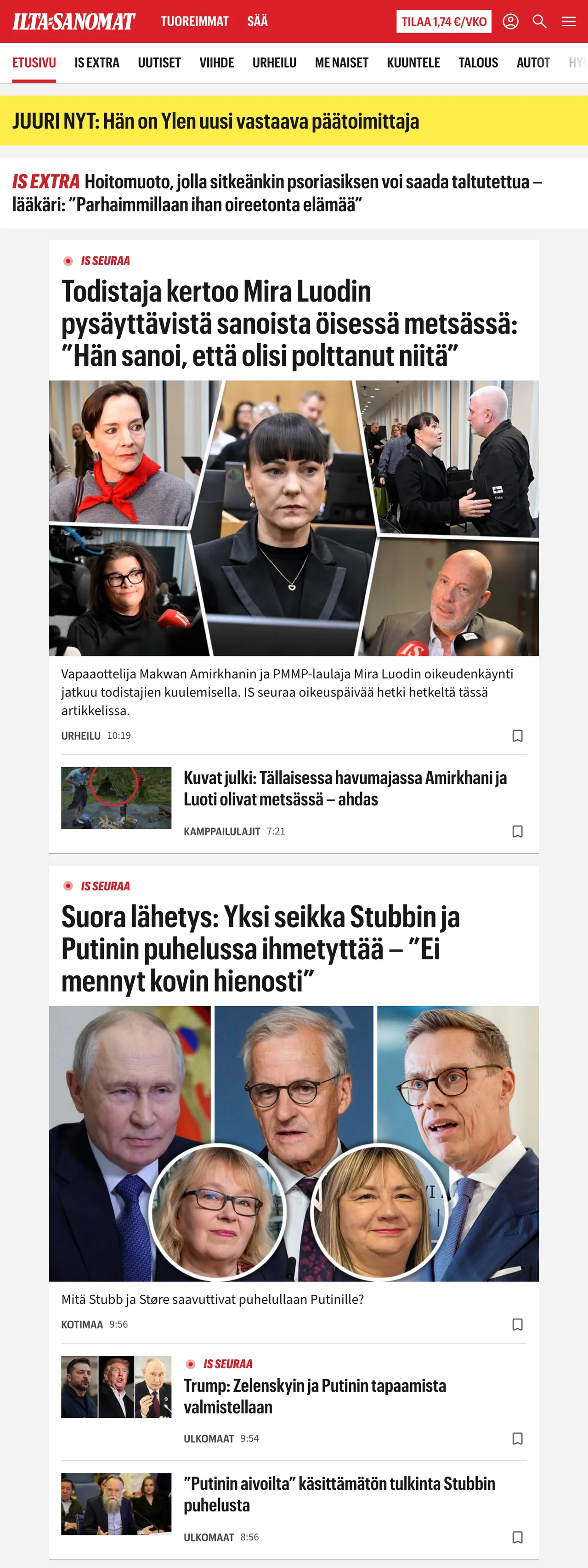 Screenshot of the Ilta-Sanomat front page