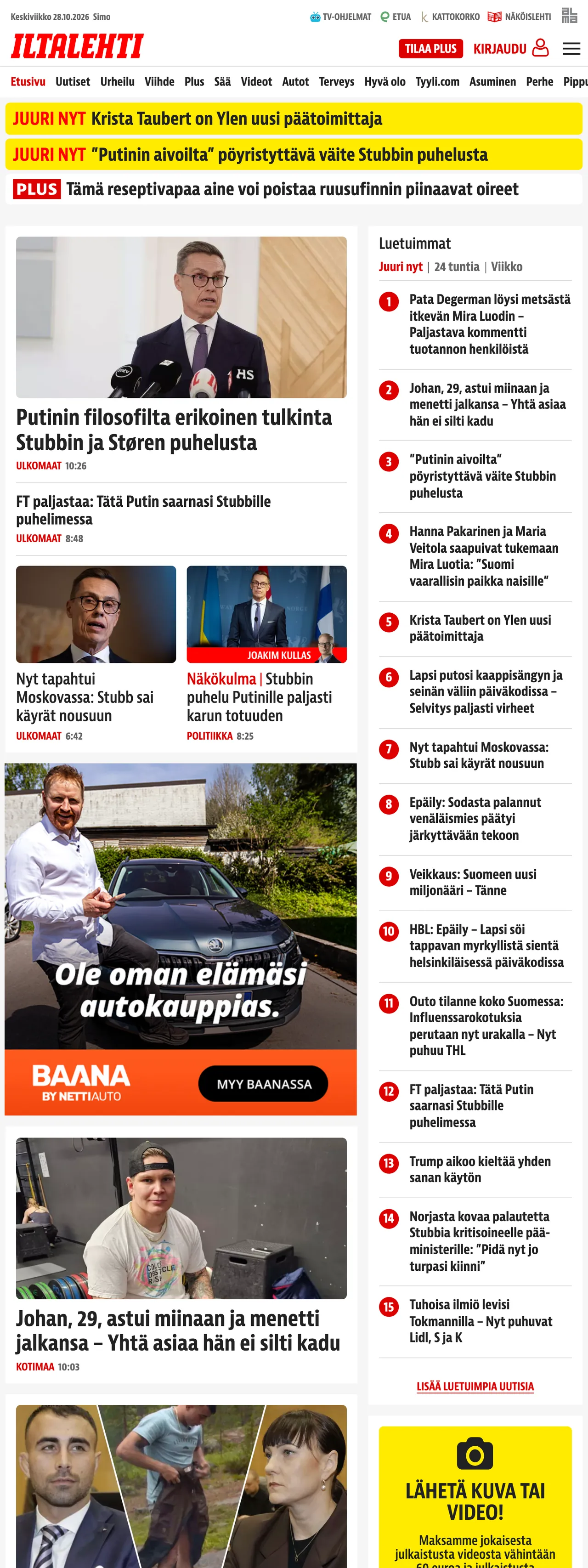 Screenshot of the Iltalehti front page
