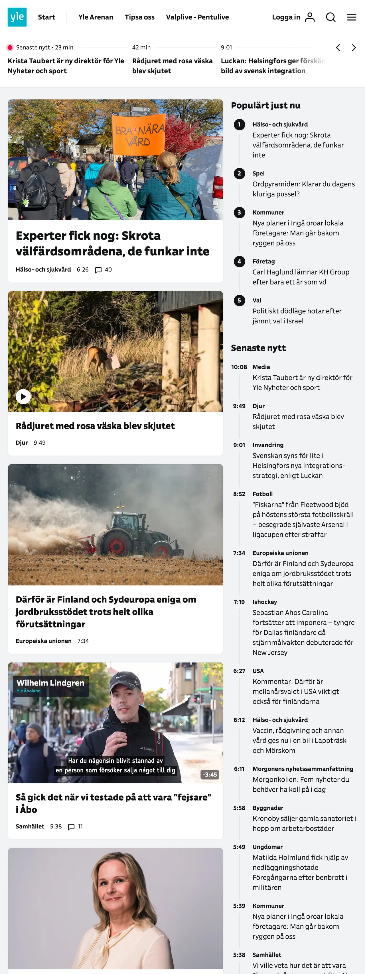 Screenshot of the Svenska Yle front page