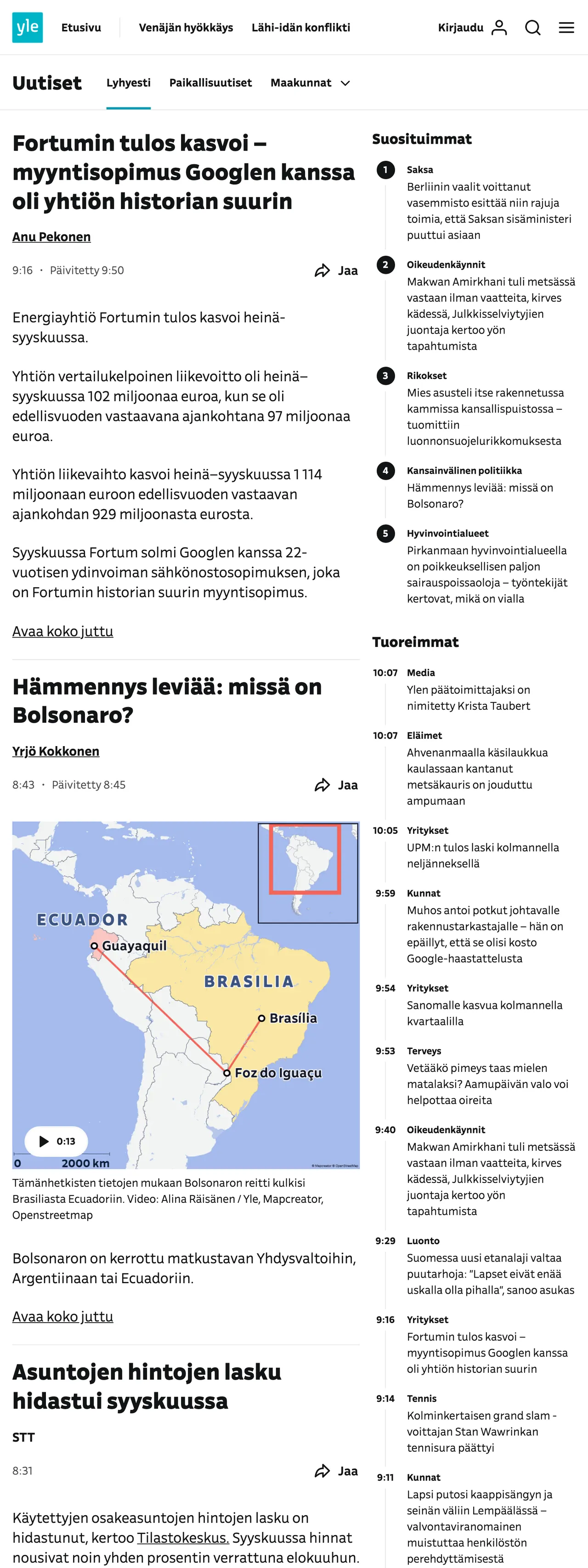 Screenshot of the Yle front page