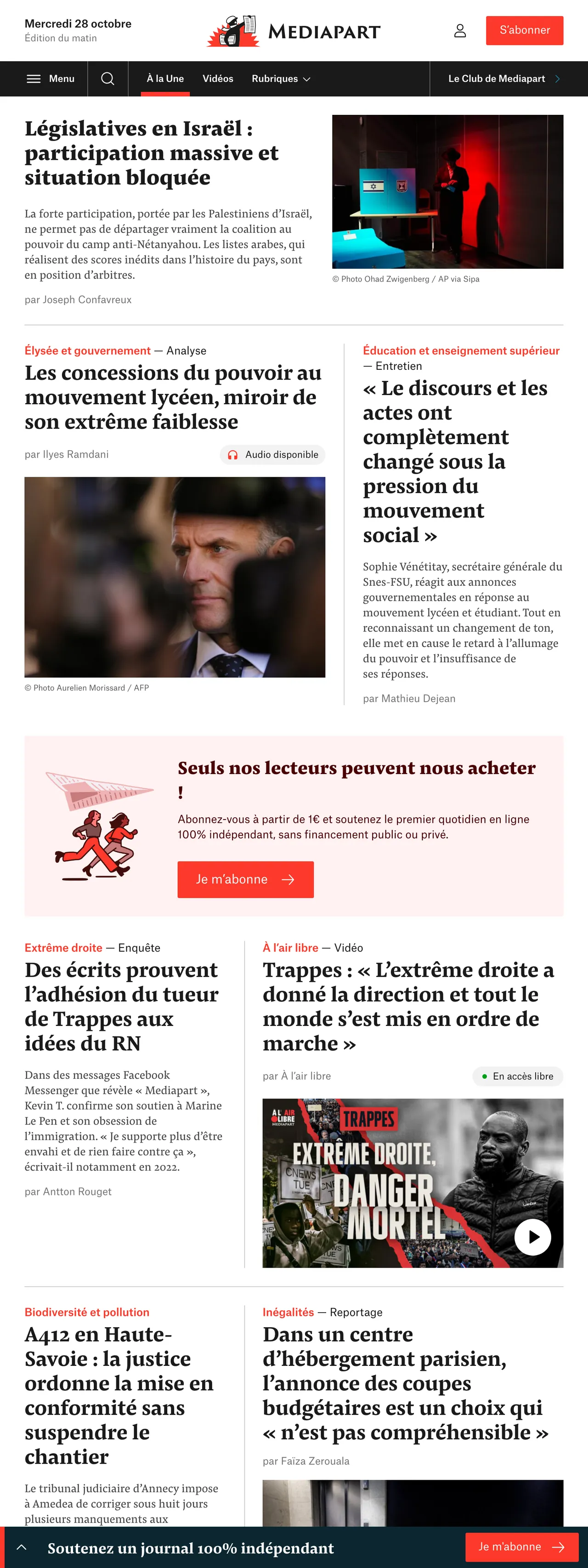 Screenshot of the Mediapart front page