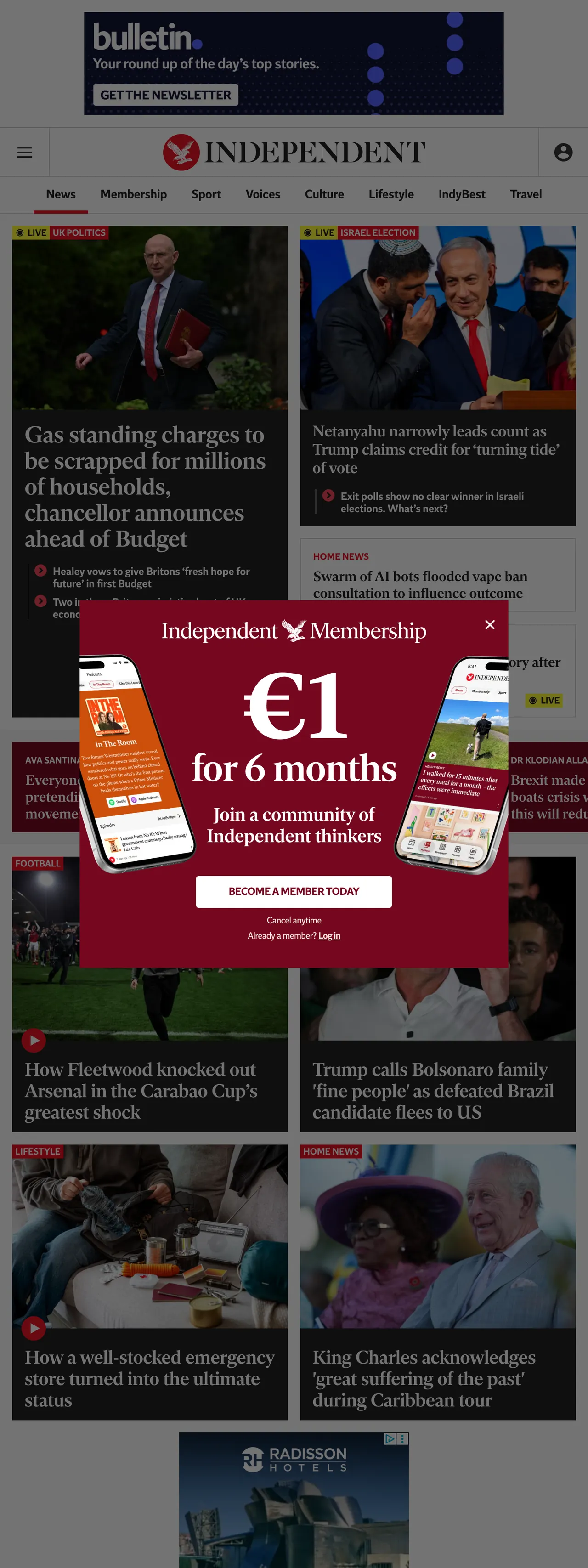 Screenshot of the The Independent front page