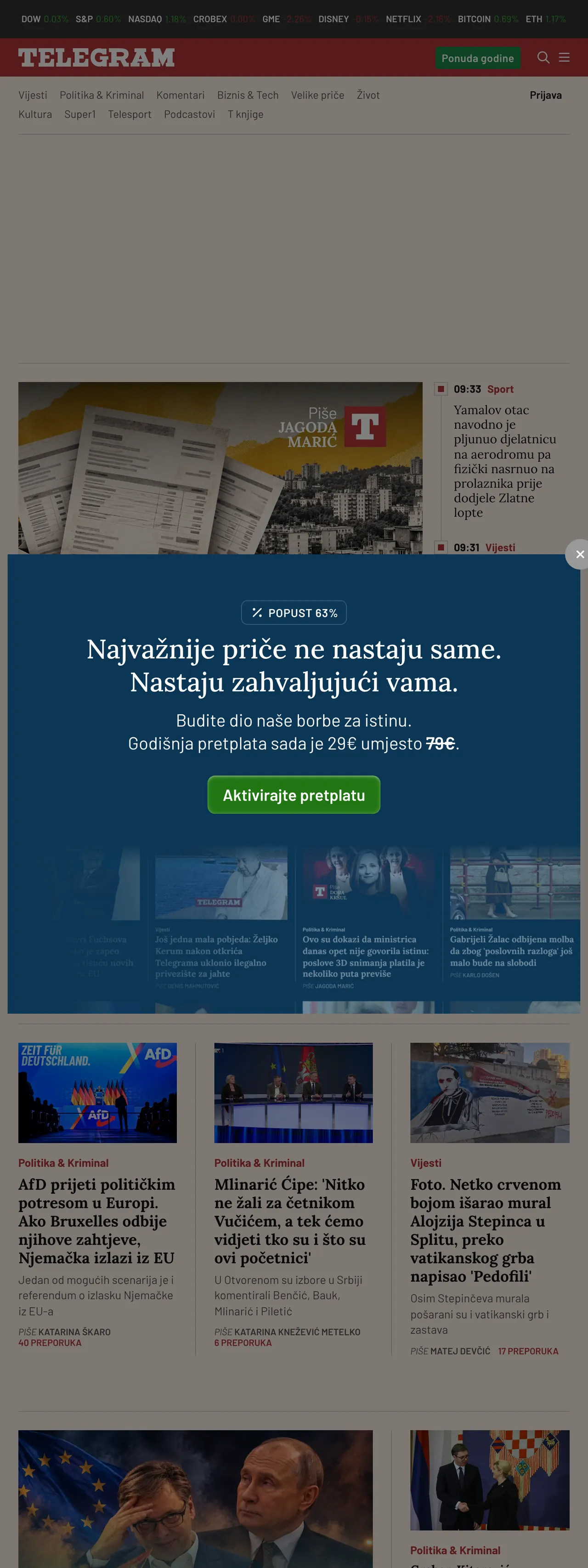 Screenshot of the Telegram.hr front page