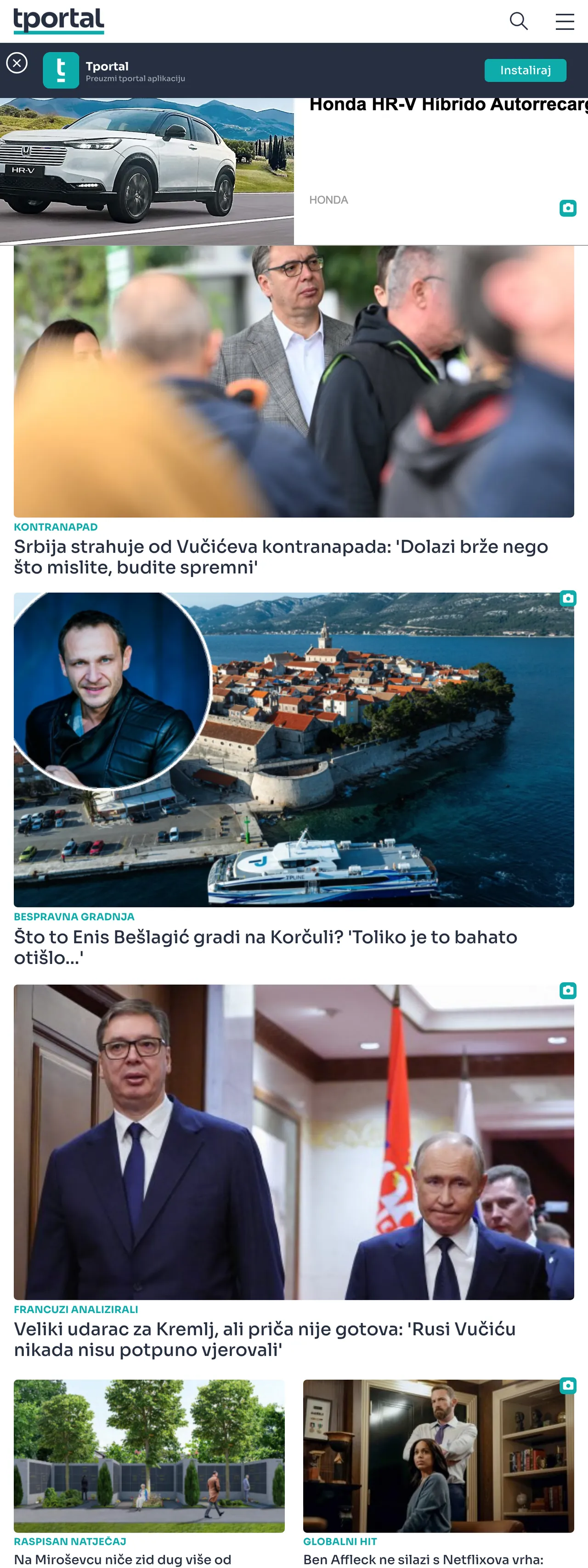 Screenshot of the tportal front page