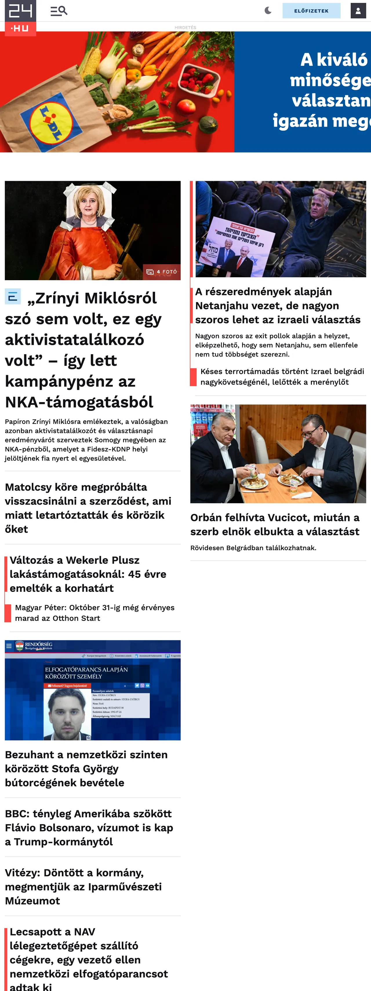 Screenshot of the 24.hu front page