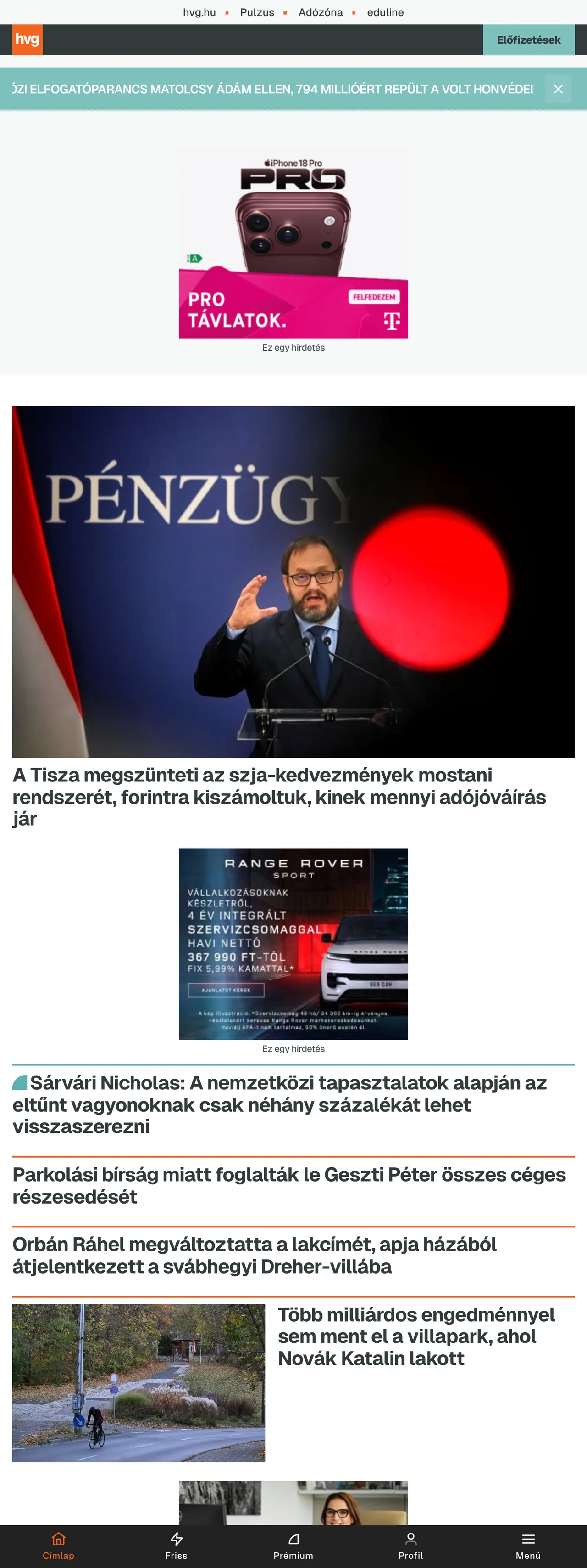 Screenshot of the HVG front page