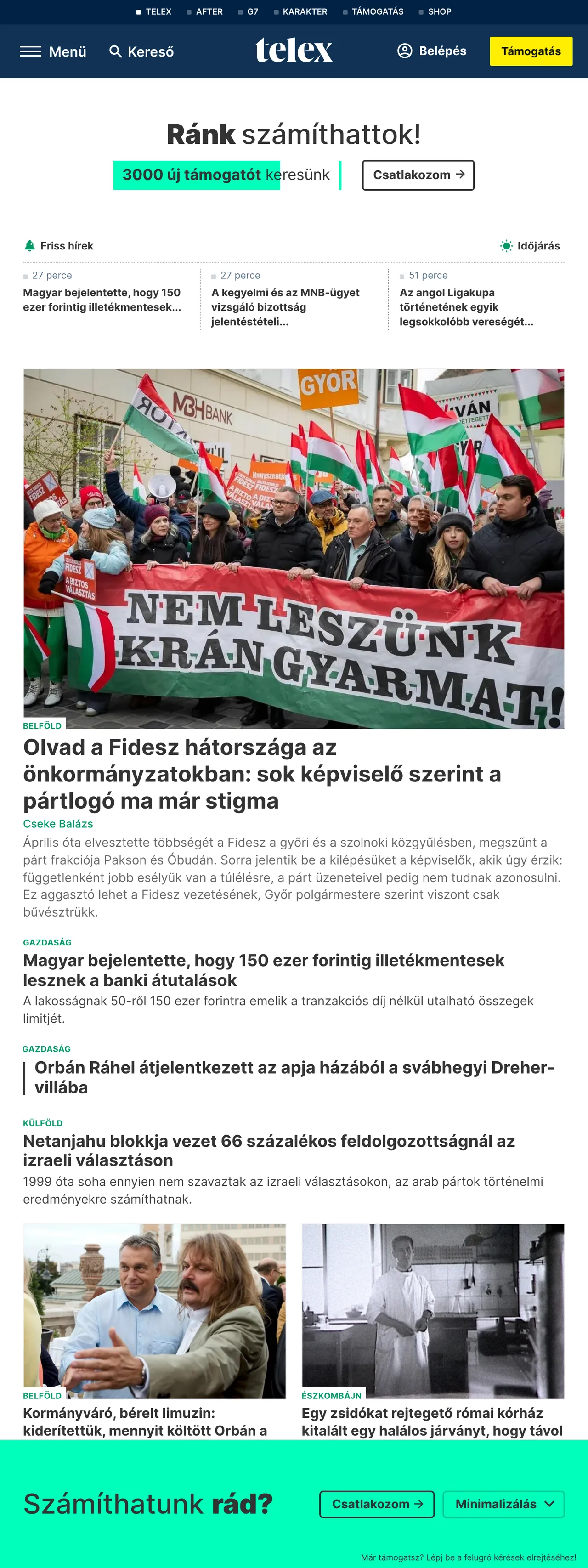 Screenshot of the Telex front page