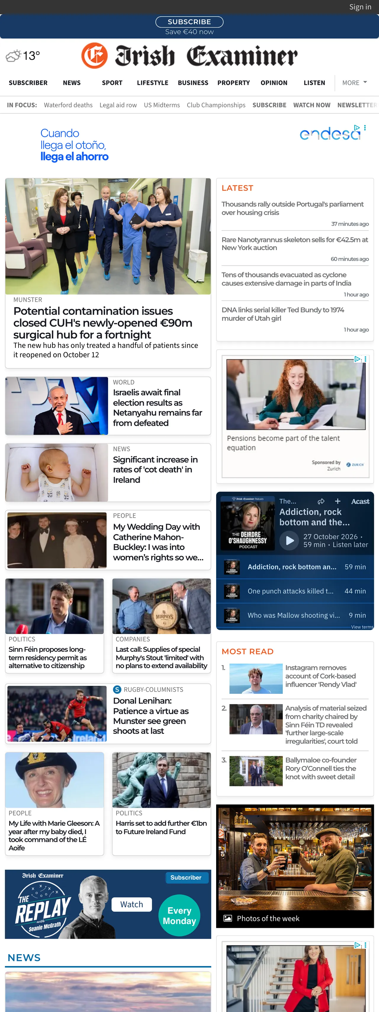 Screenshot of the Irish Examiner front page