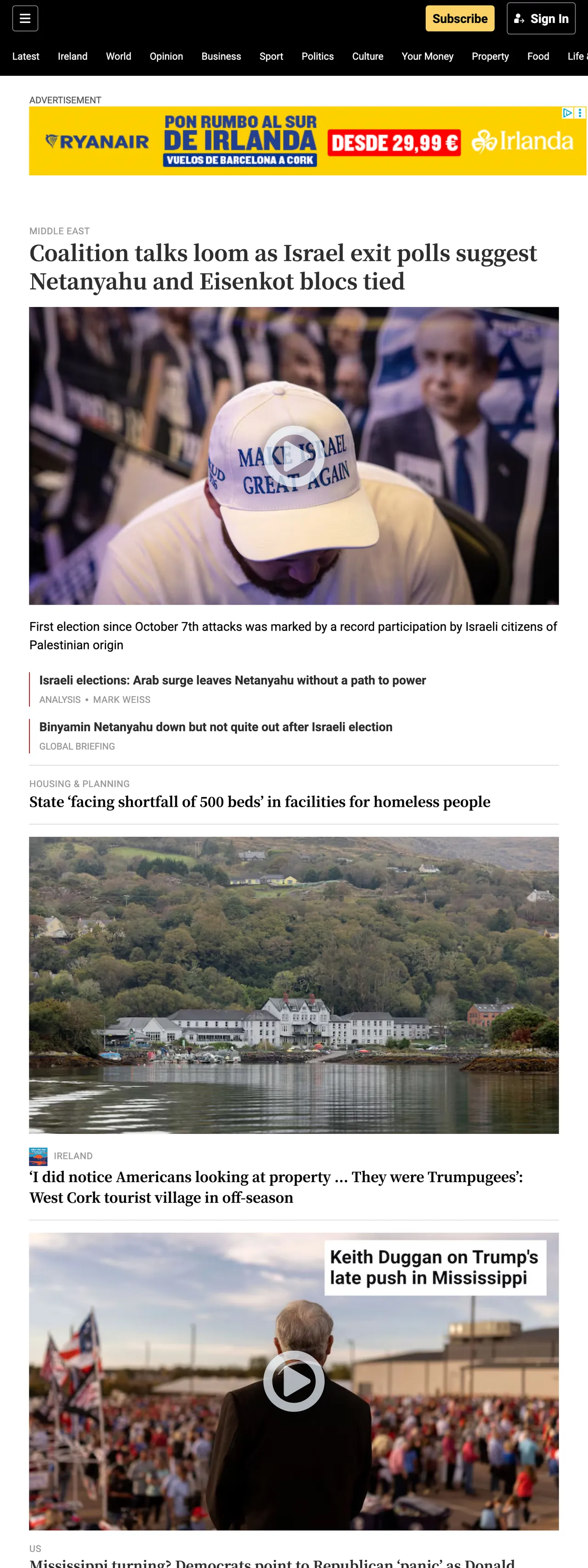 Screenshot of the The Irish Times front page