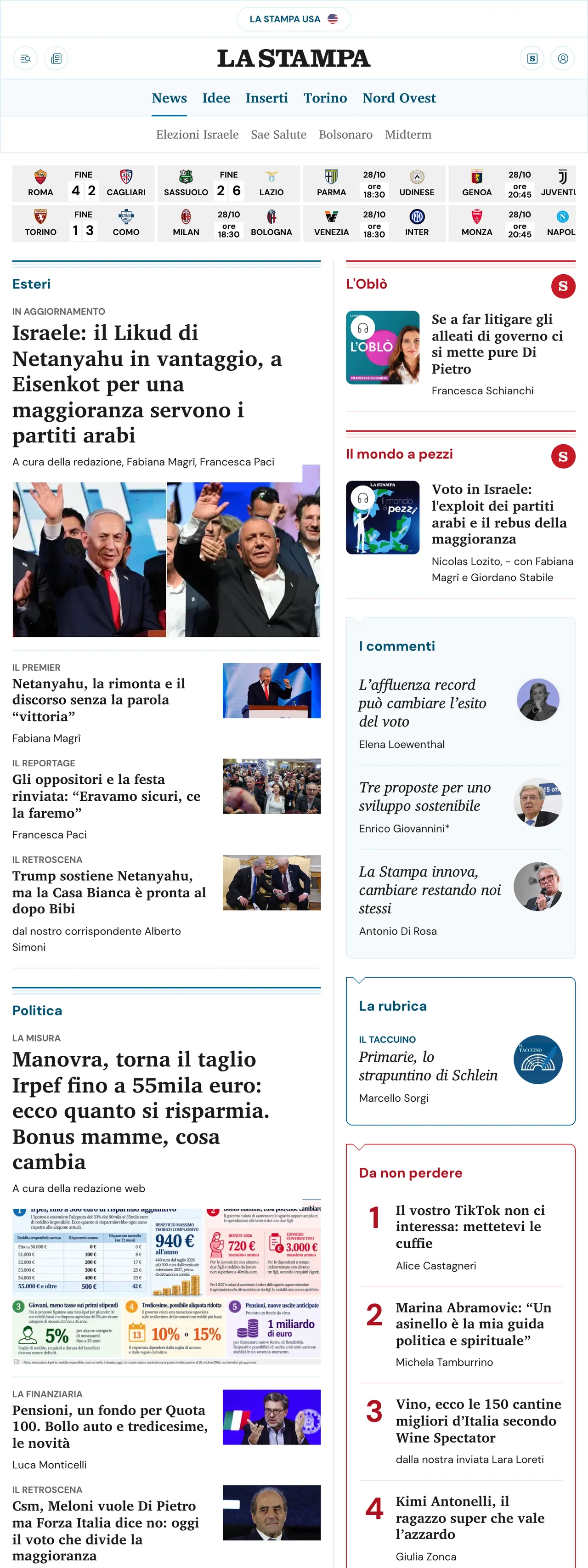 Screenshot of the La Stampa front page