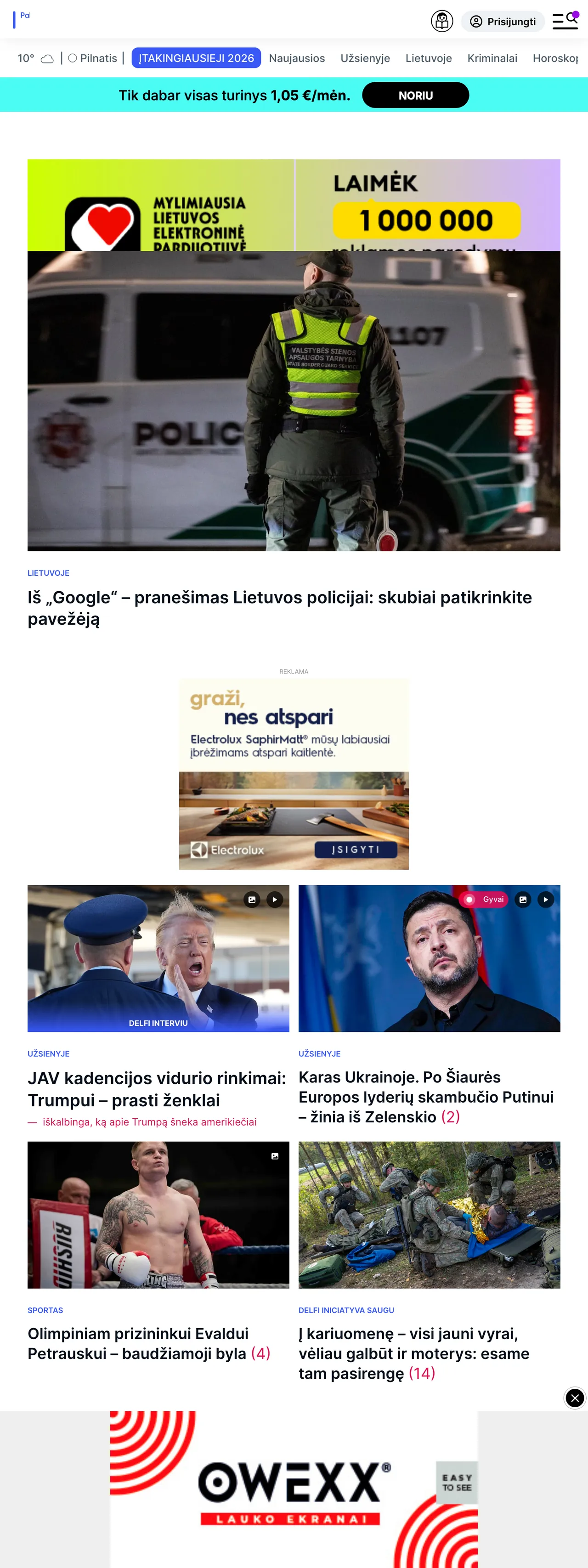 Screenshot of the Delfi front page