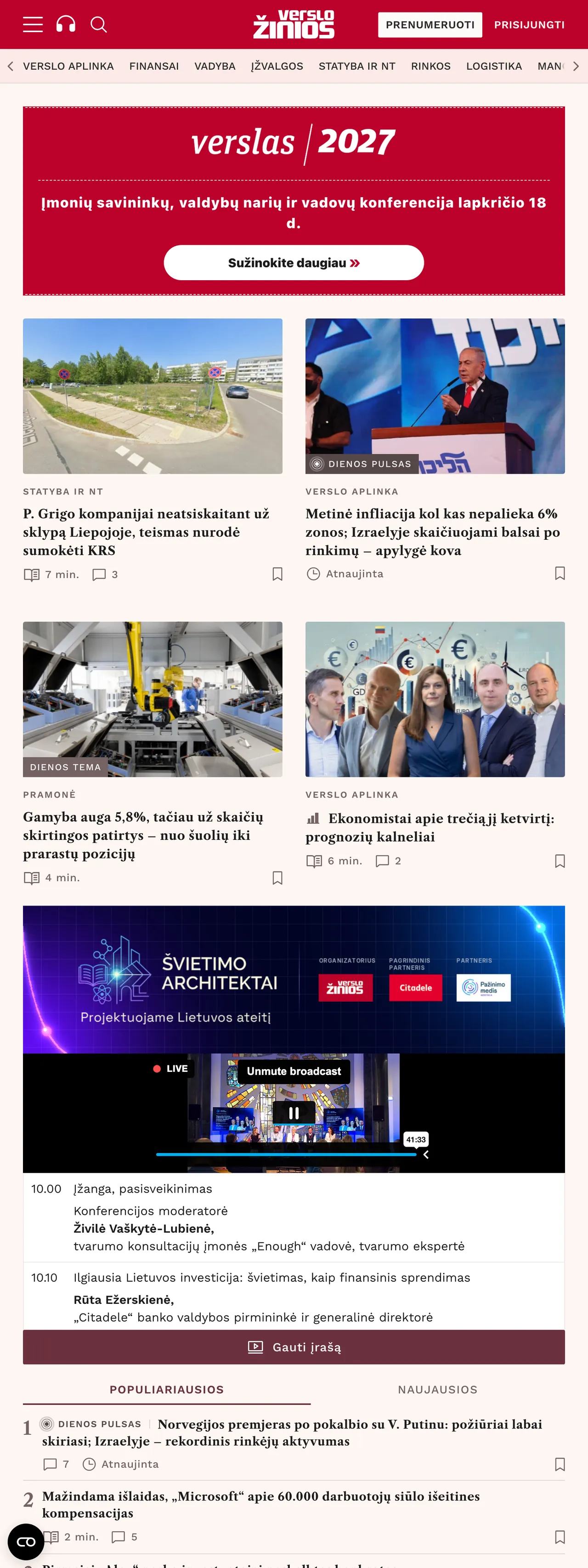 Screenshot of the Verslo žinios front page