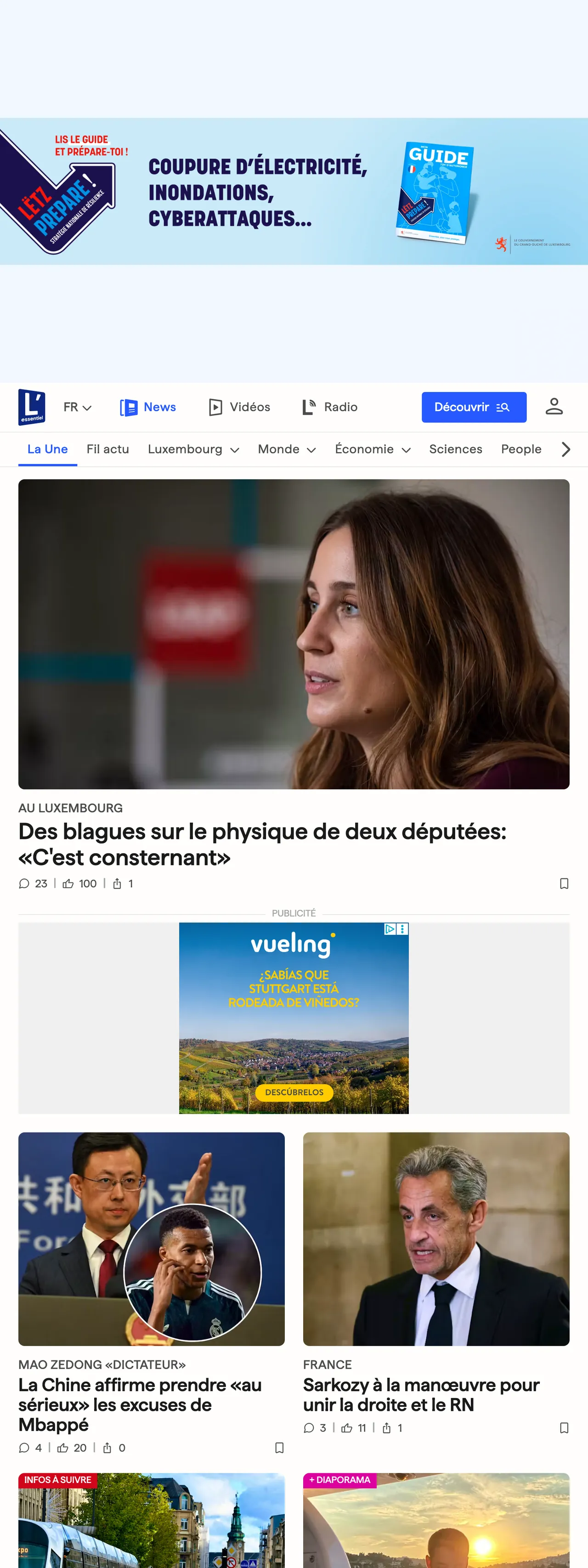 Screenshot of the L'essentiel front page