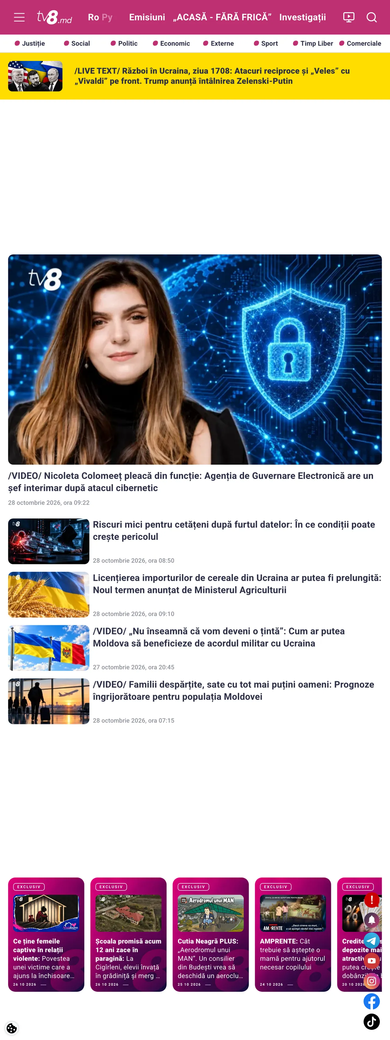 Screenshot of the TV8 front page