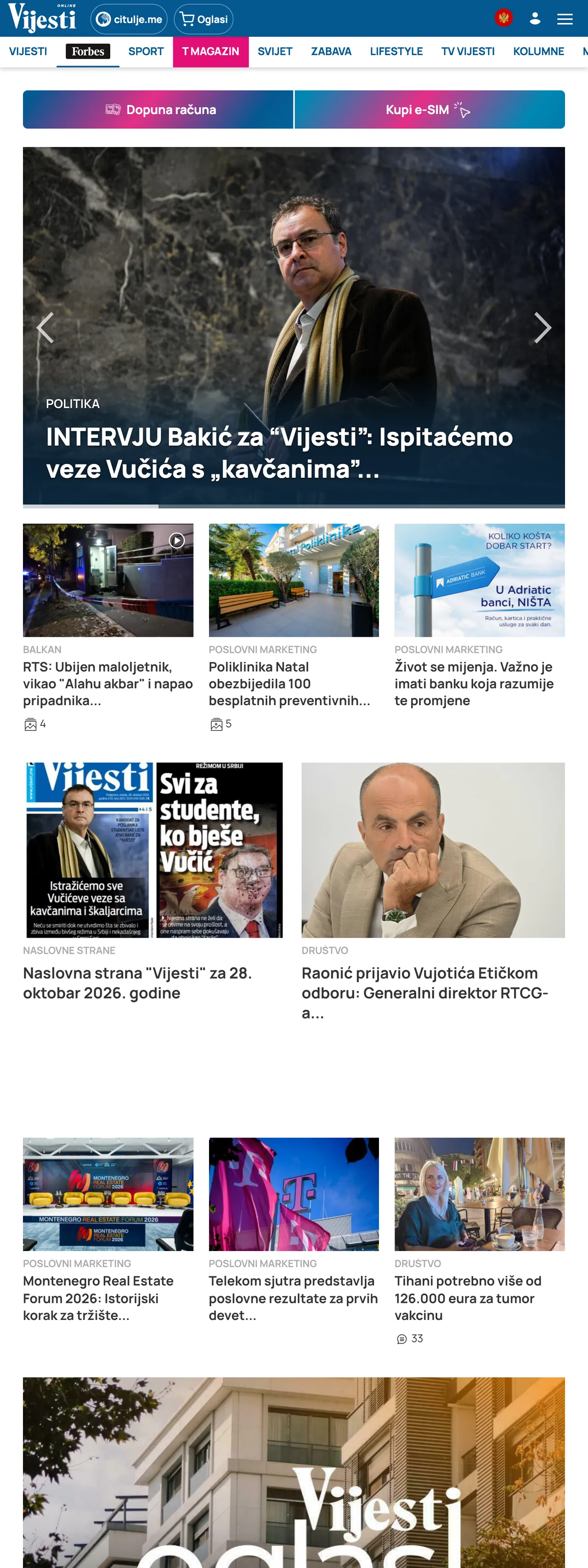 Screenshot of the Vijesti front page