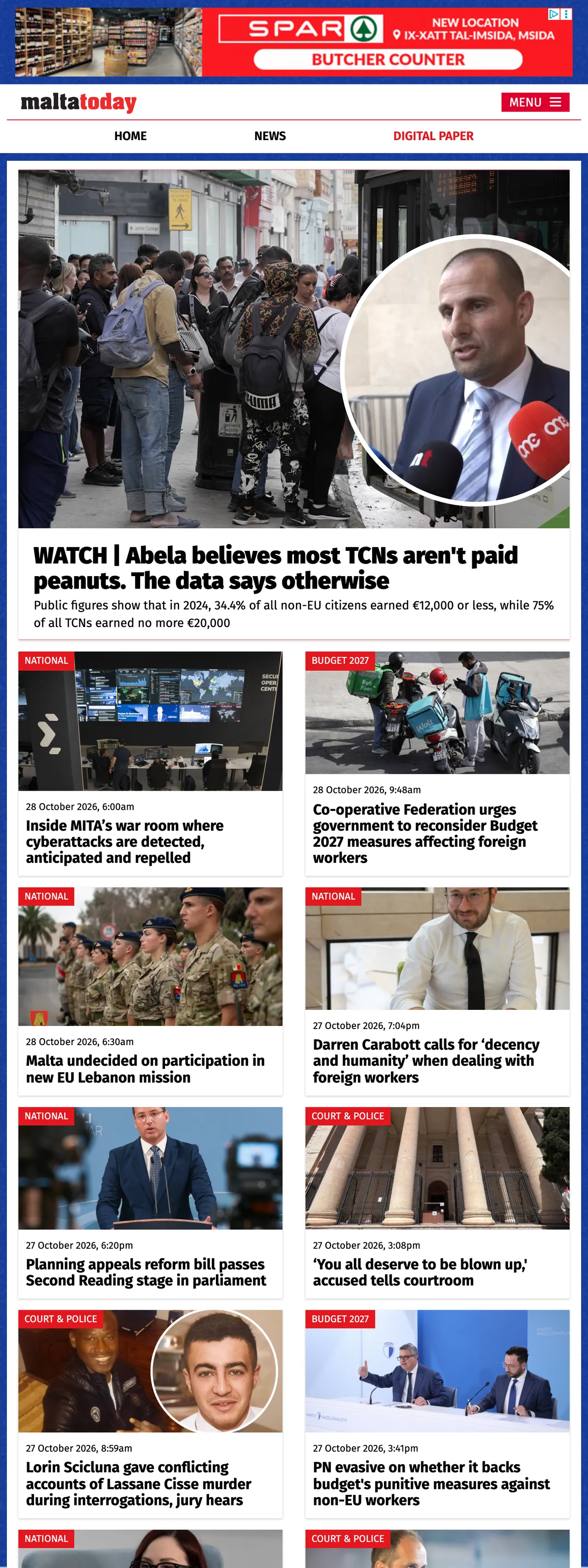Screenshot of the Malta Today front page