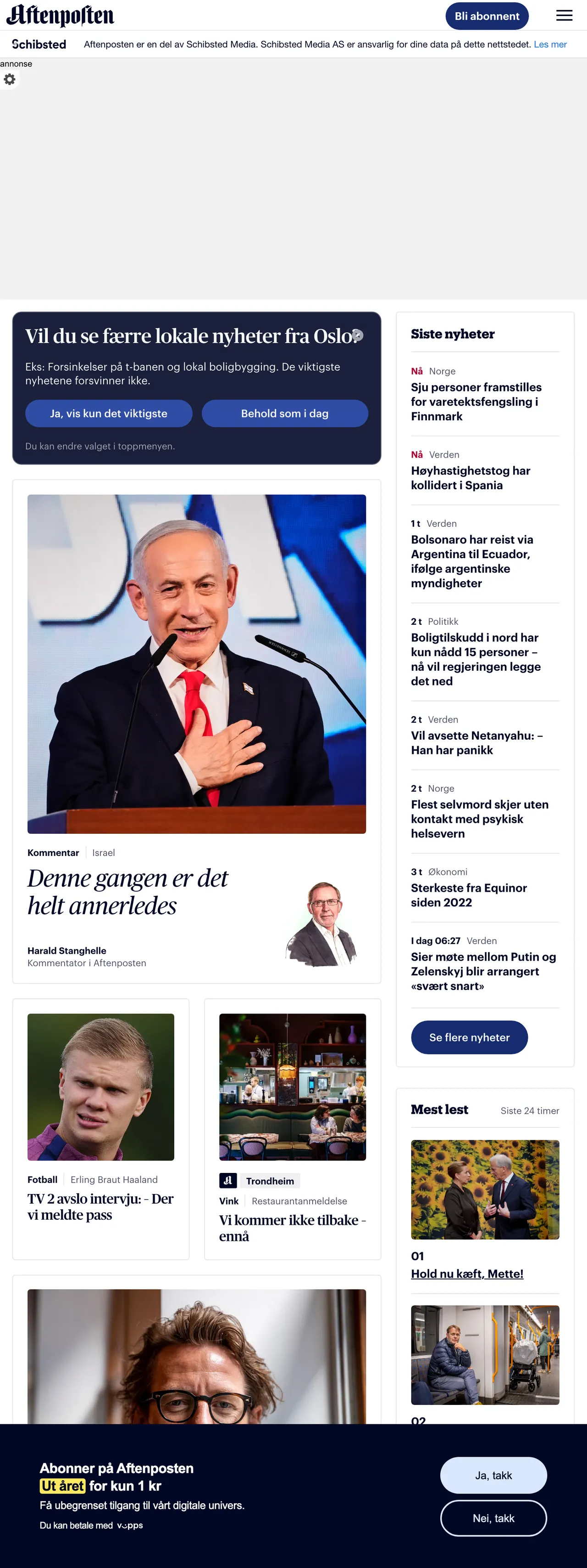 Screenshot of the Aftenposten front page
