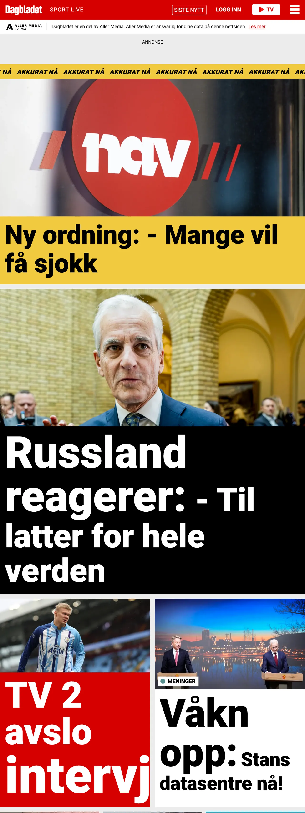 Screenshot of the Dagbladet front page