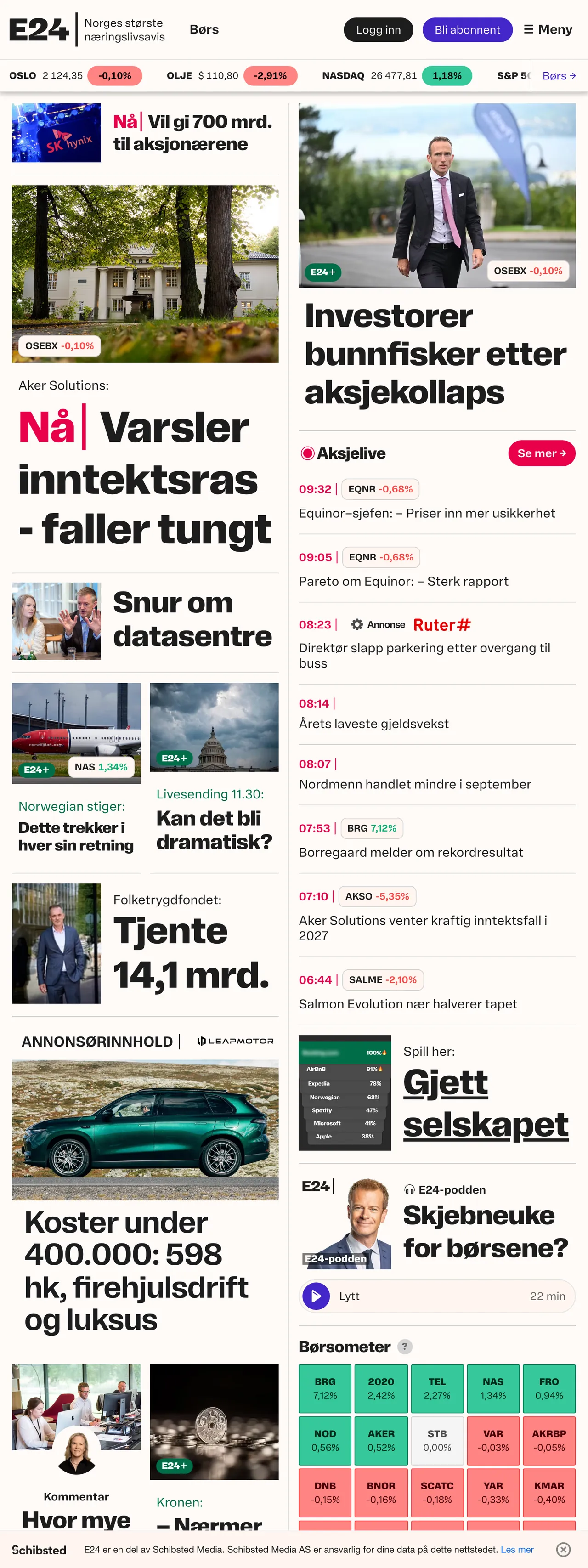 Screenshot of the E24 front page