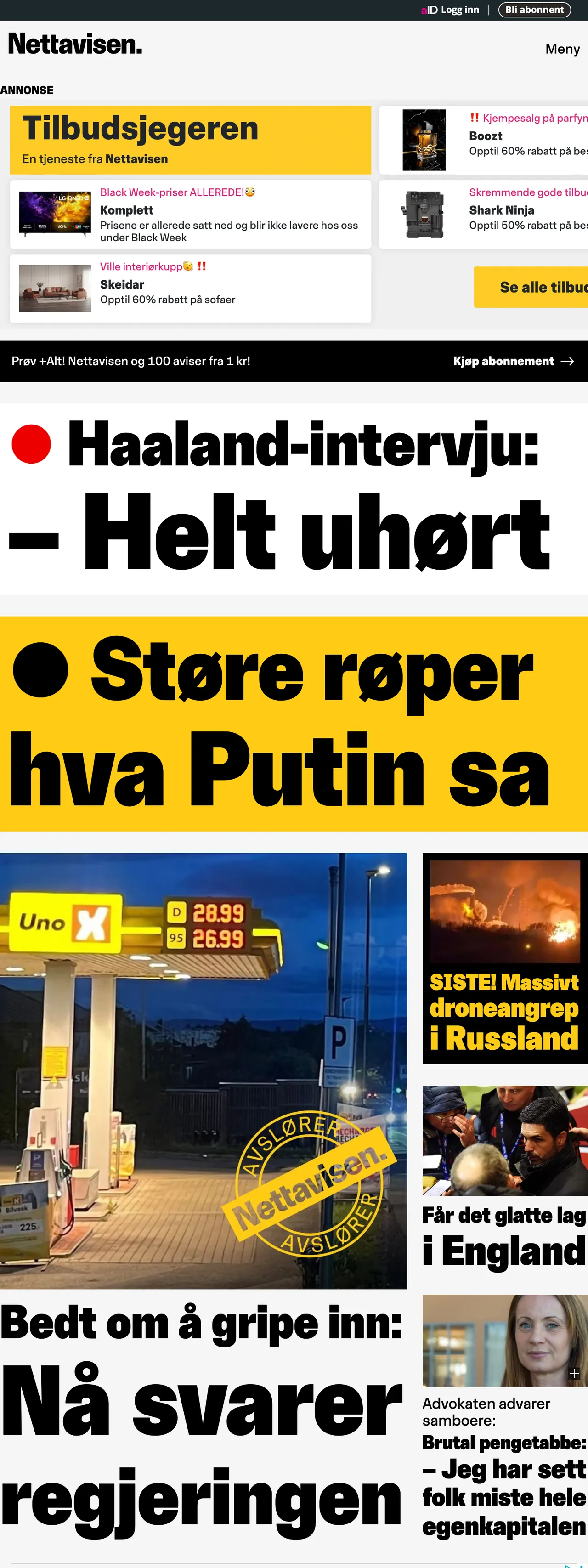 Screenshot of the Nettavisen front page