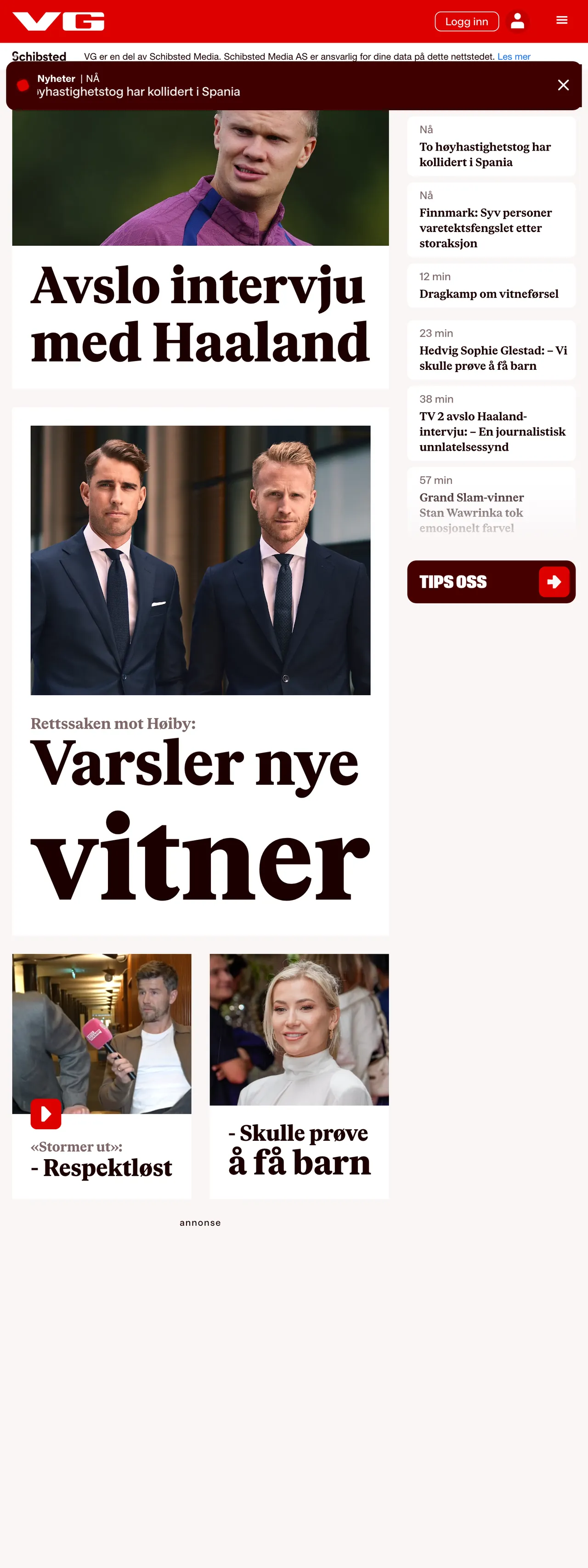 Screenshot of the VG front page