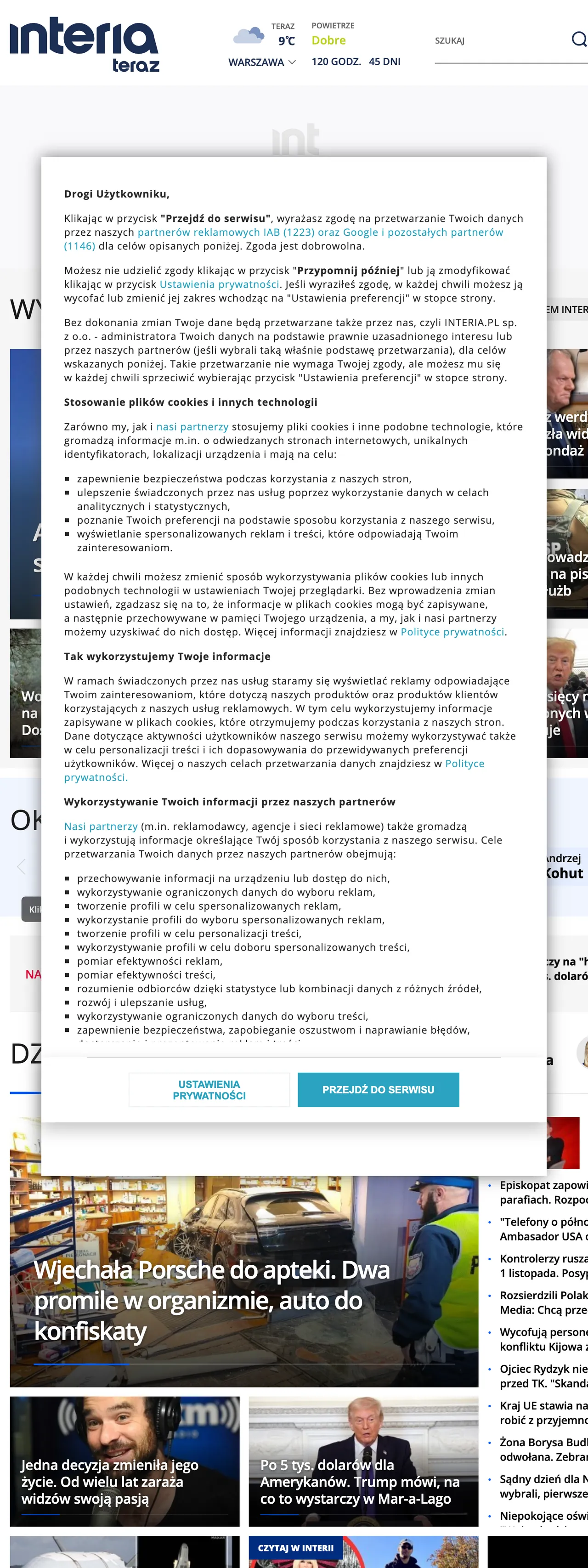 Screenshot of the Interia front page
